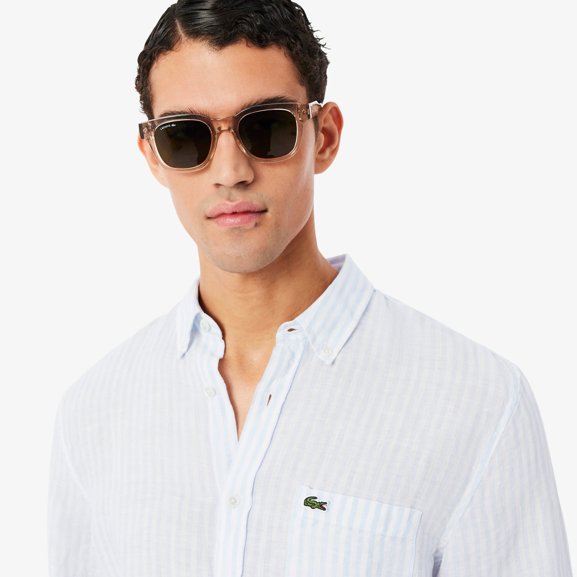 Lacoste Erkek Regular Fit Düğmeli Yaka Çizgili Keten Mavi Gömlek görsel 2