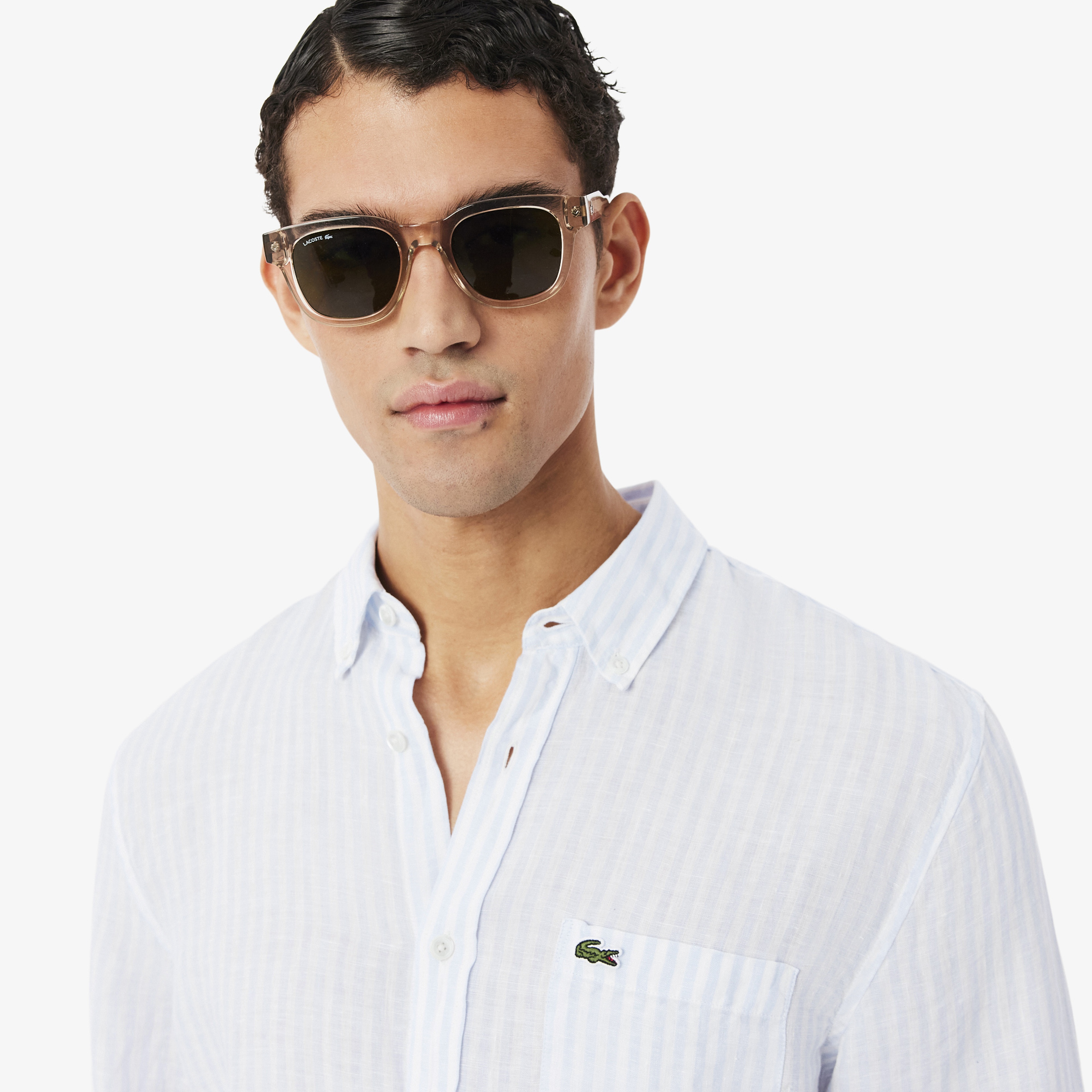 Erkek Regular Fit Düğmeli Yaka Çizgili Mavi Gömlek