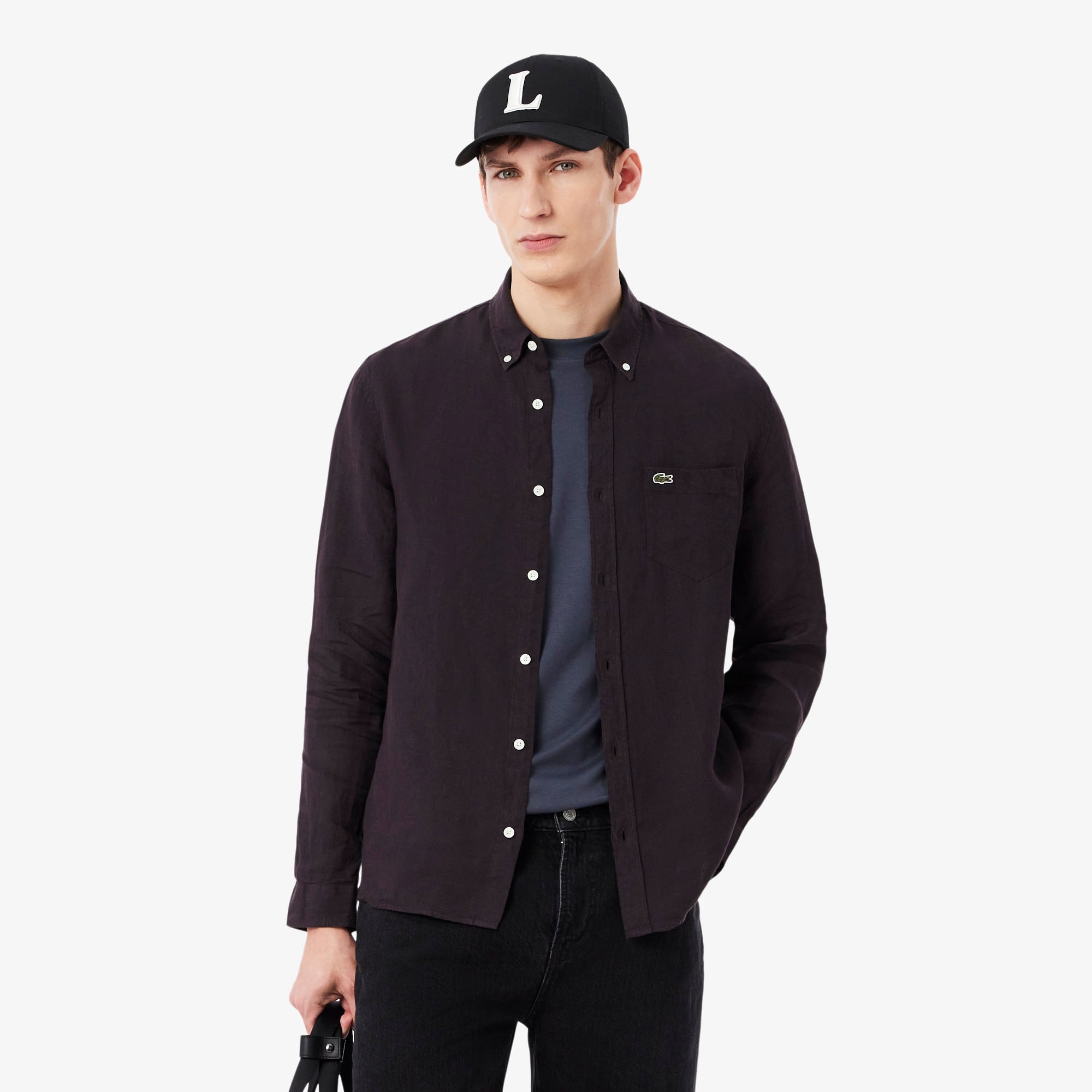 Erkek Regular Fit Düğmeli Yaka Keten Koyu Kahverengi Gömlek