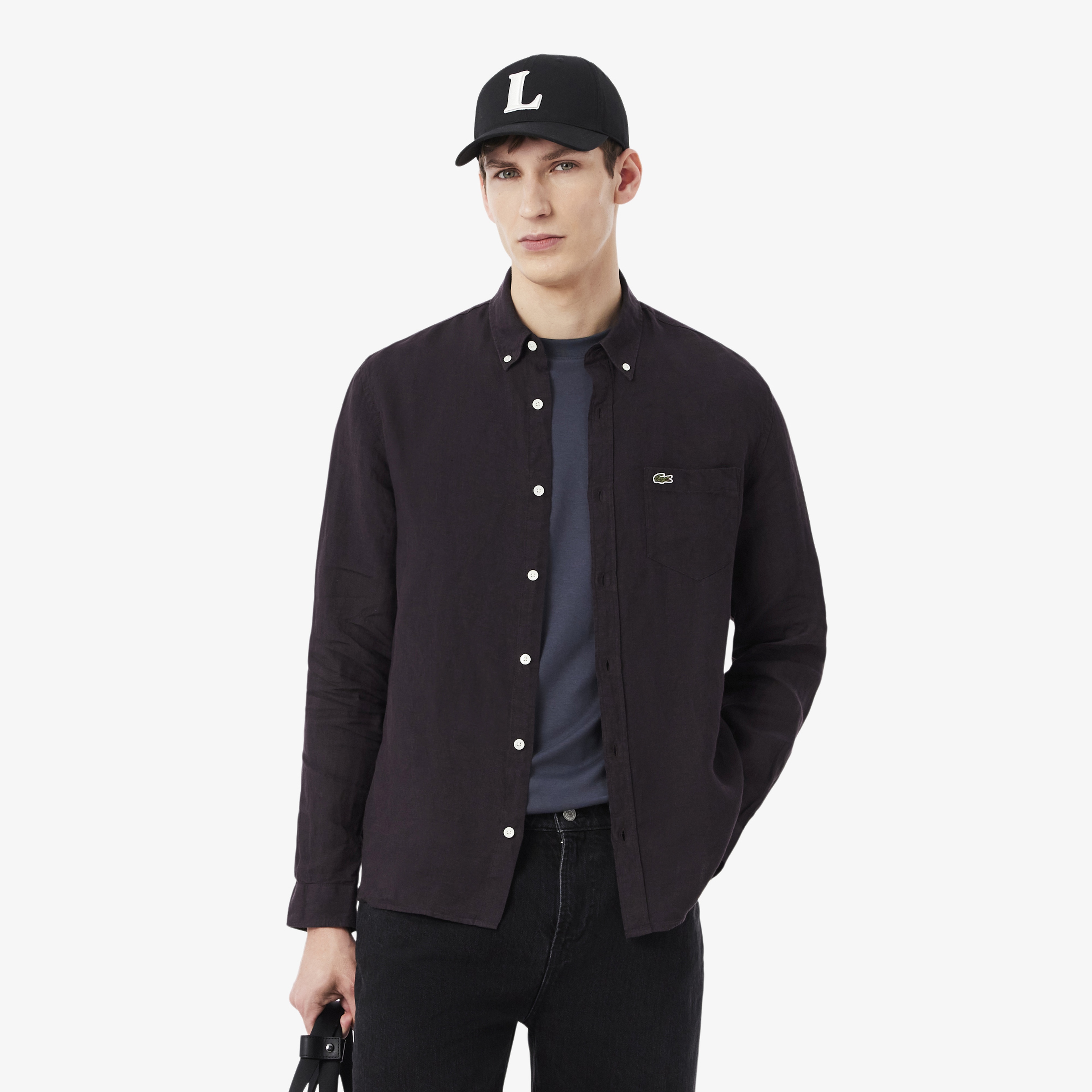 Erkek Regular Fit Düğmeli Yaka Keten Koyu Kahverengi Gömlek