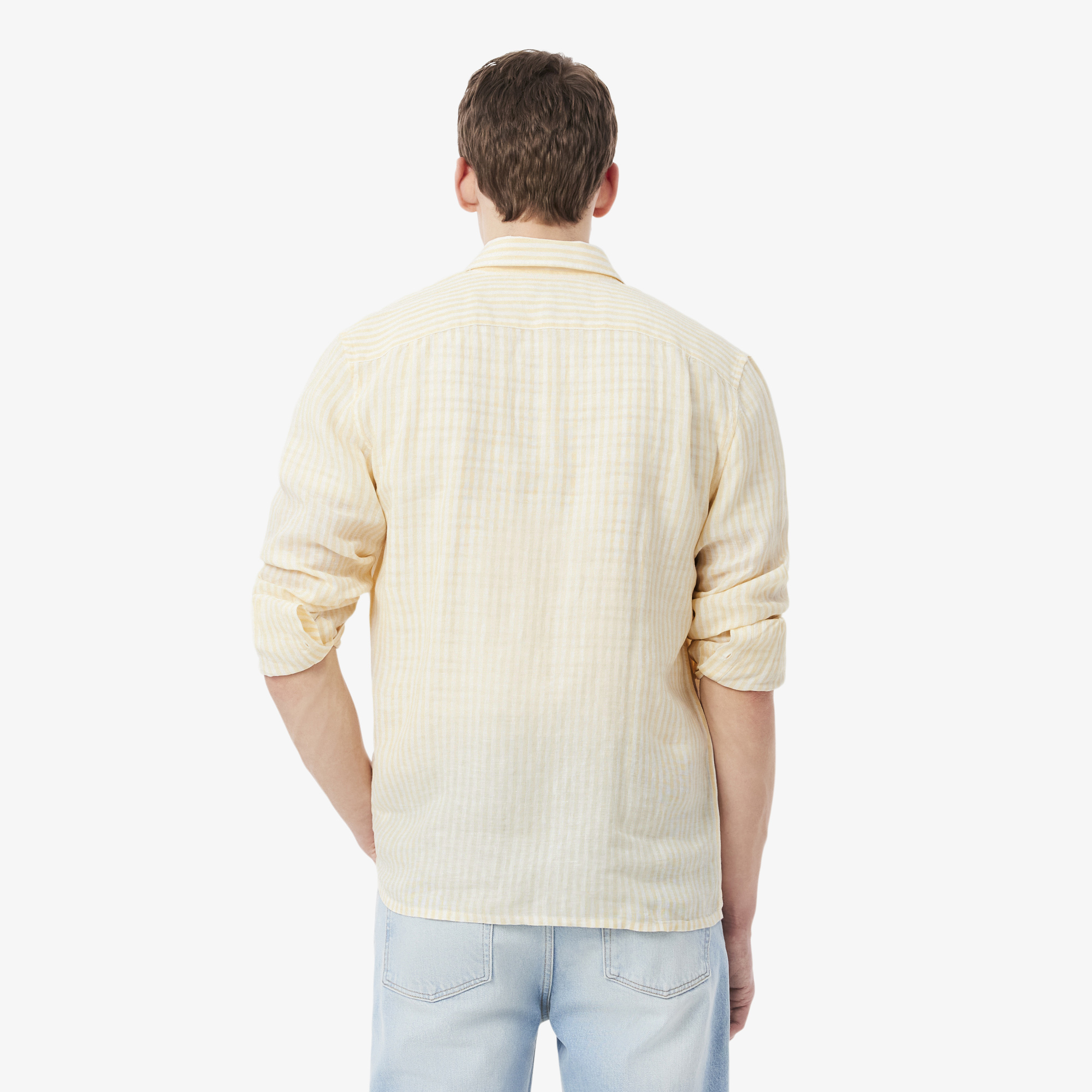Lacoste Erkek Regular Fit Düğmeli Yaka Çizgili Keten Sarı Gömlek görsel 3