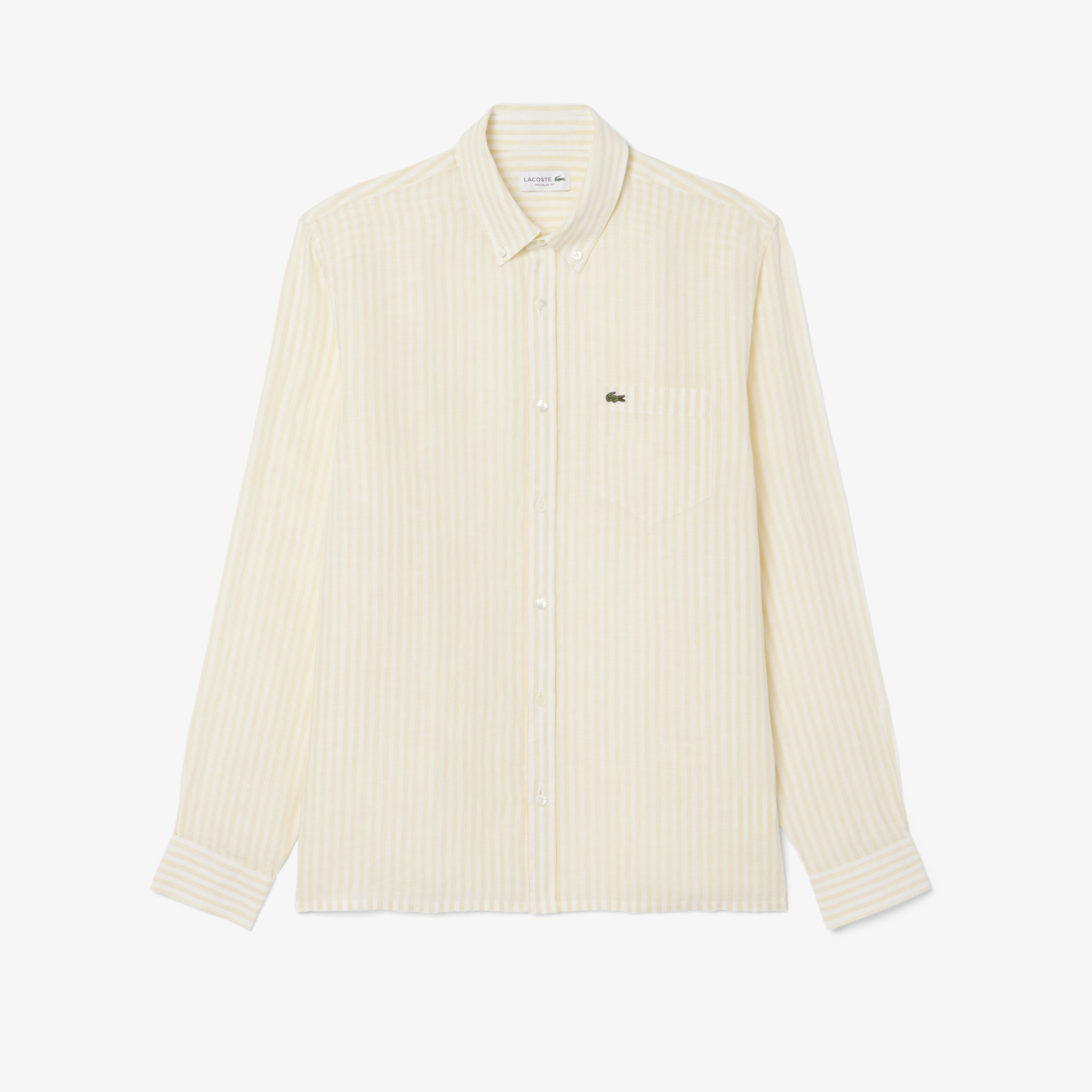 Lacoste Erkek Regular Fit Düğmeli Yaka Çizgili Keten Sarı Gömlek görsel 5