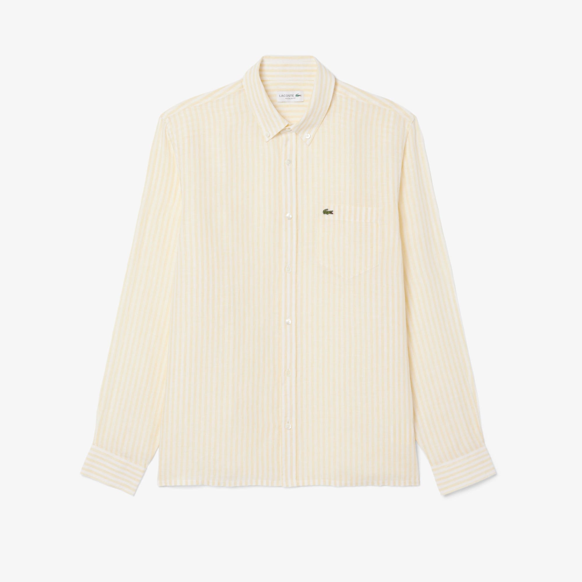 Erkek Regular Fit Düğmeli Yaka Çizgili Keten Sarı Gömlek