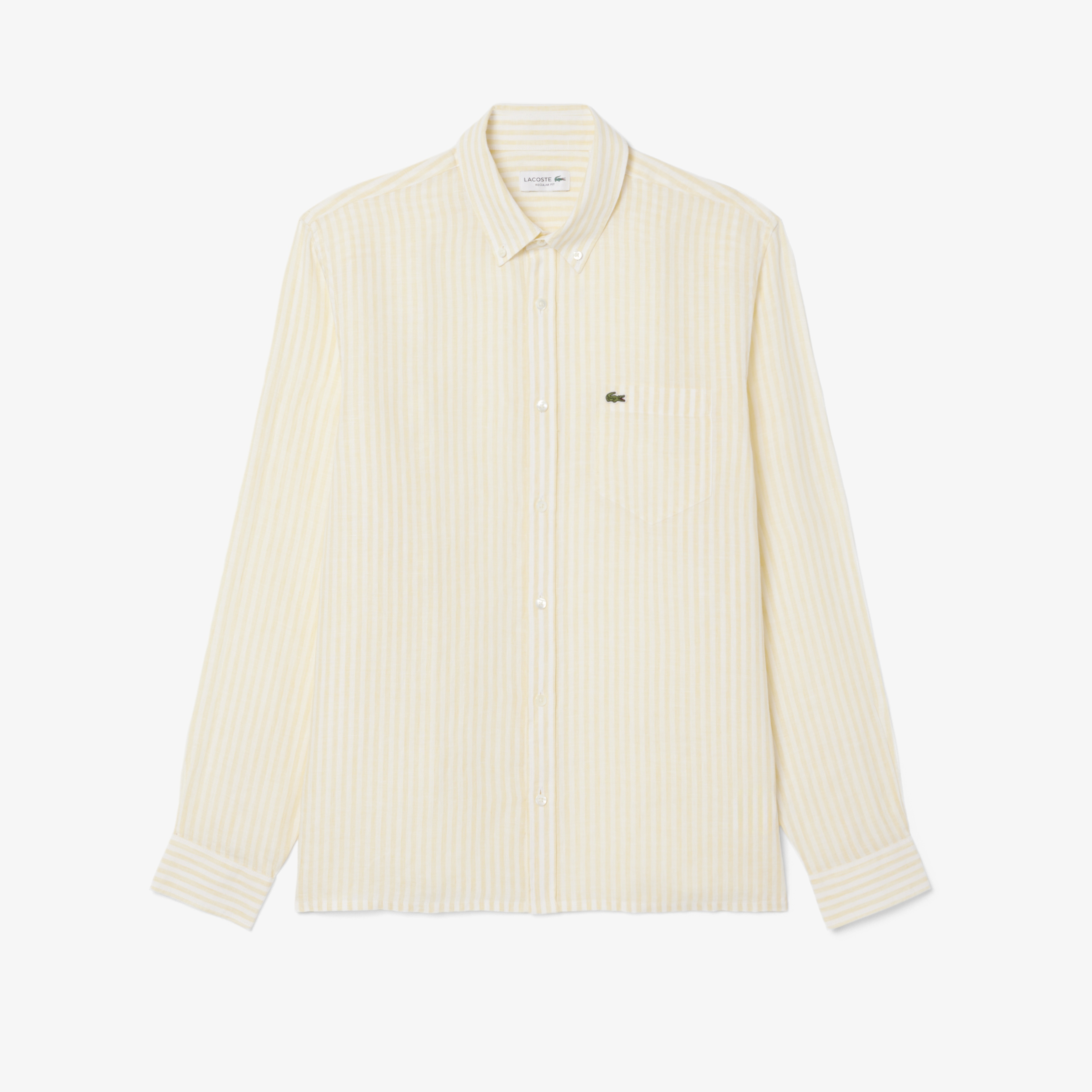 Erkek Regular Fit Düğmeli Yaka Çizgili Sarı Gömlek