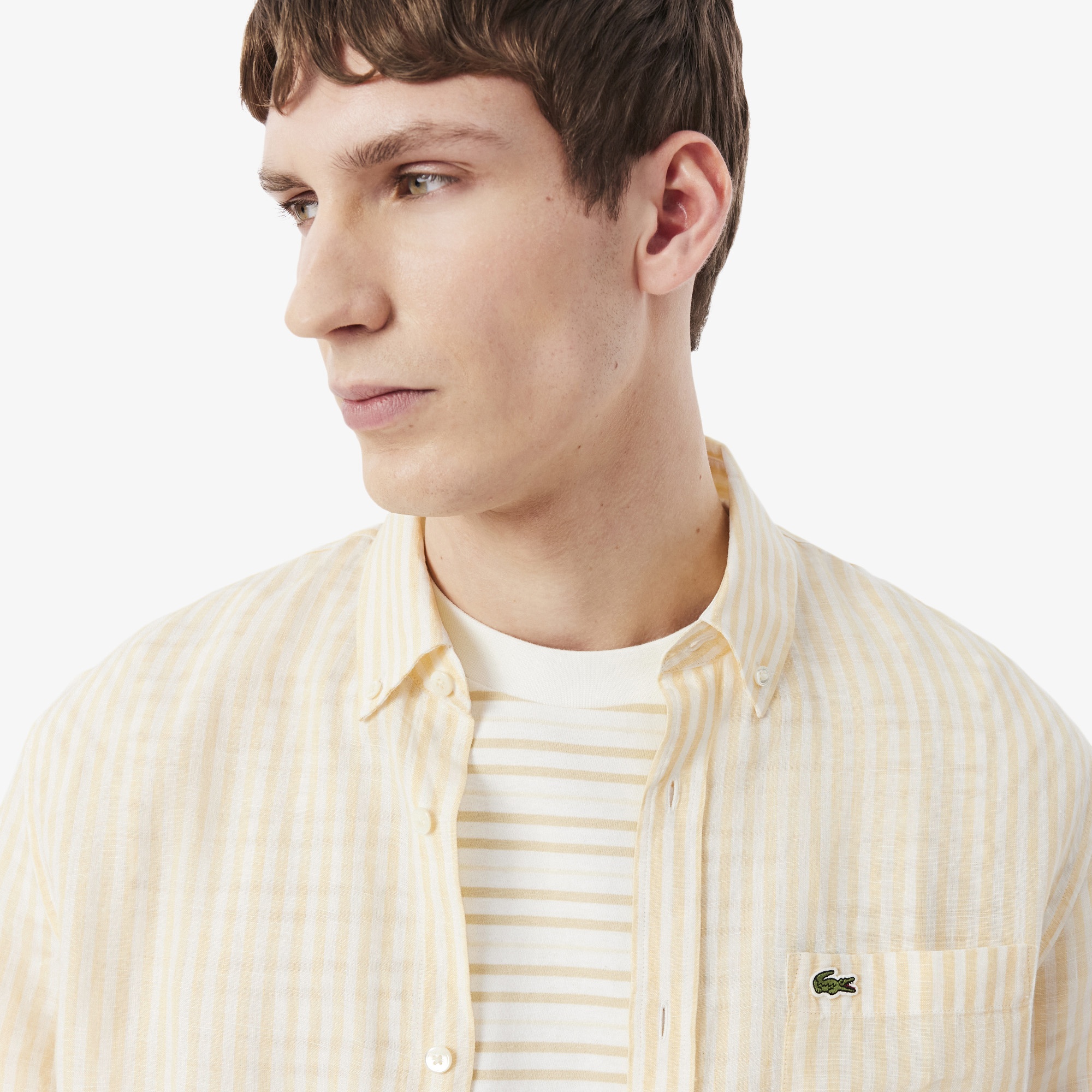 Erkek Regular Fit Düğmeli Yaka Çizgili Keten Sarı Gömlek