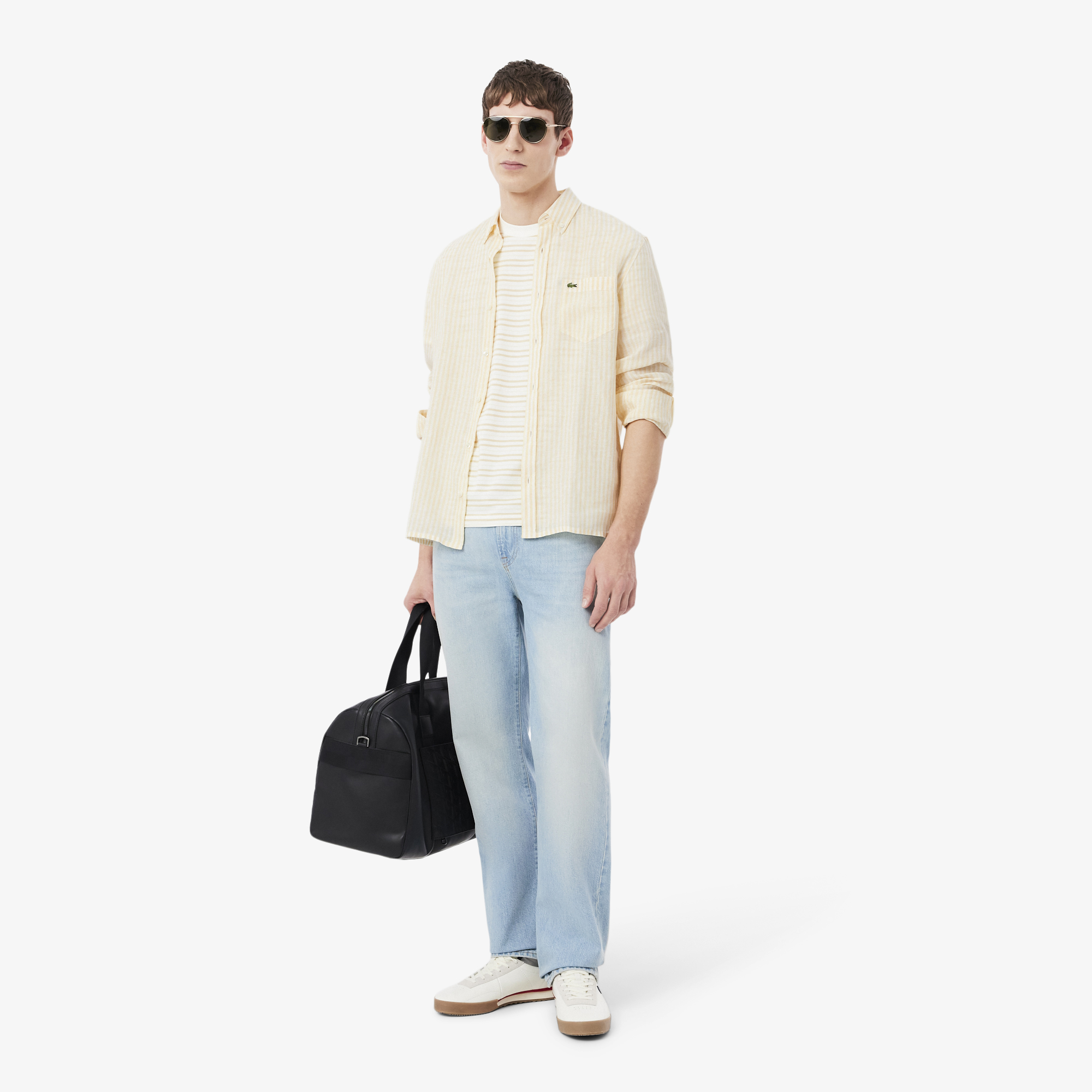 Lacoste Erkek Regular Fit Düğmeli Yaka Çizgili Keten Sarı Gömlek görsel 4