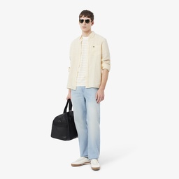 Erkek Regular Fit Düğmeli Yaka Çizgili Keten Sarı Gömlek Sarı