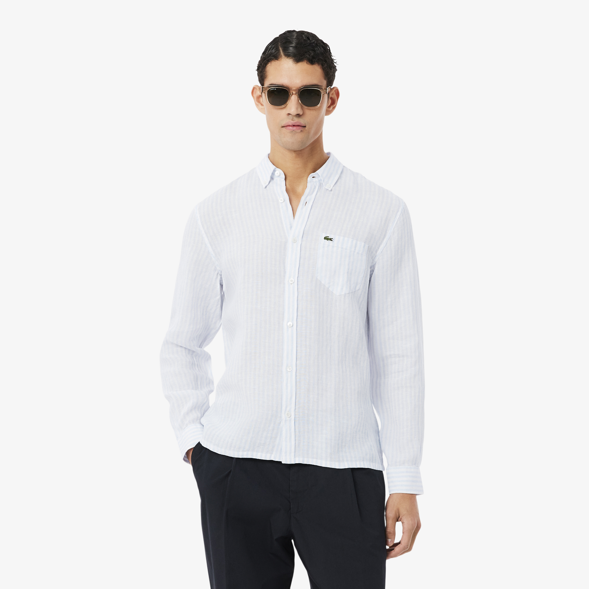 Lacoste Erkek Regular Fit Düğmeli Yaka Çizgili Keten Mavi Gömlek