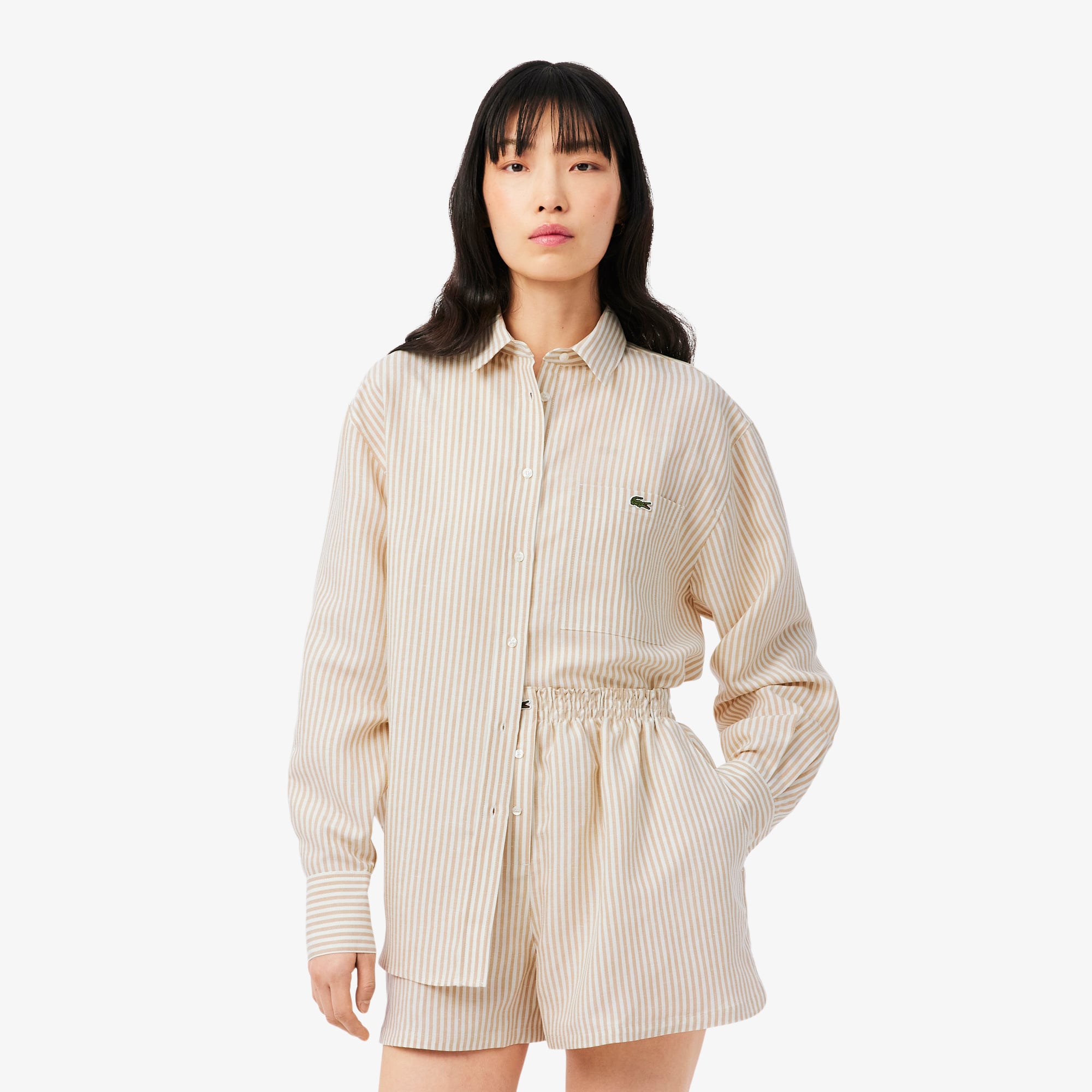 Lacoste Kadın Oversize Fit Çizgili Keten Krem Gömlek