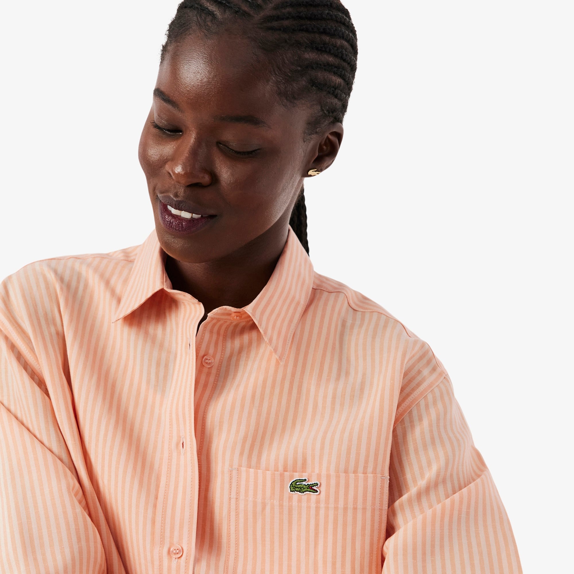 Kadın Oversize Fit Çizgili Keten Turuncu Gömlek