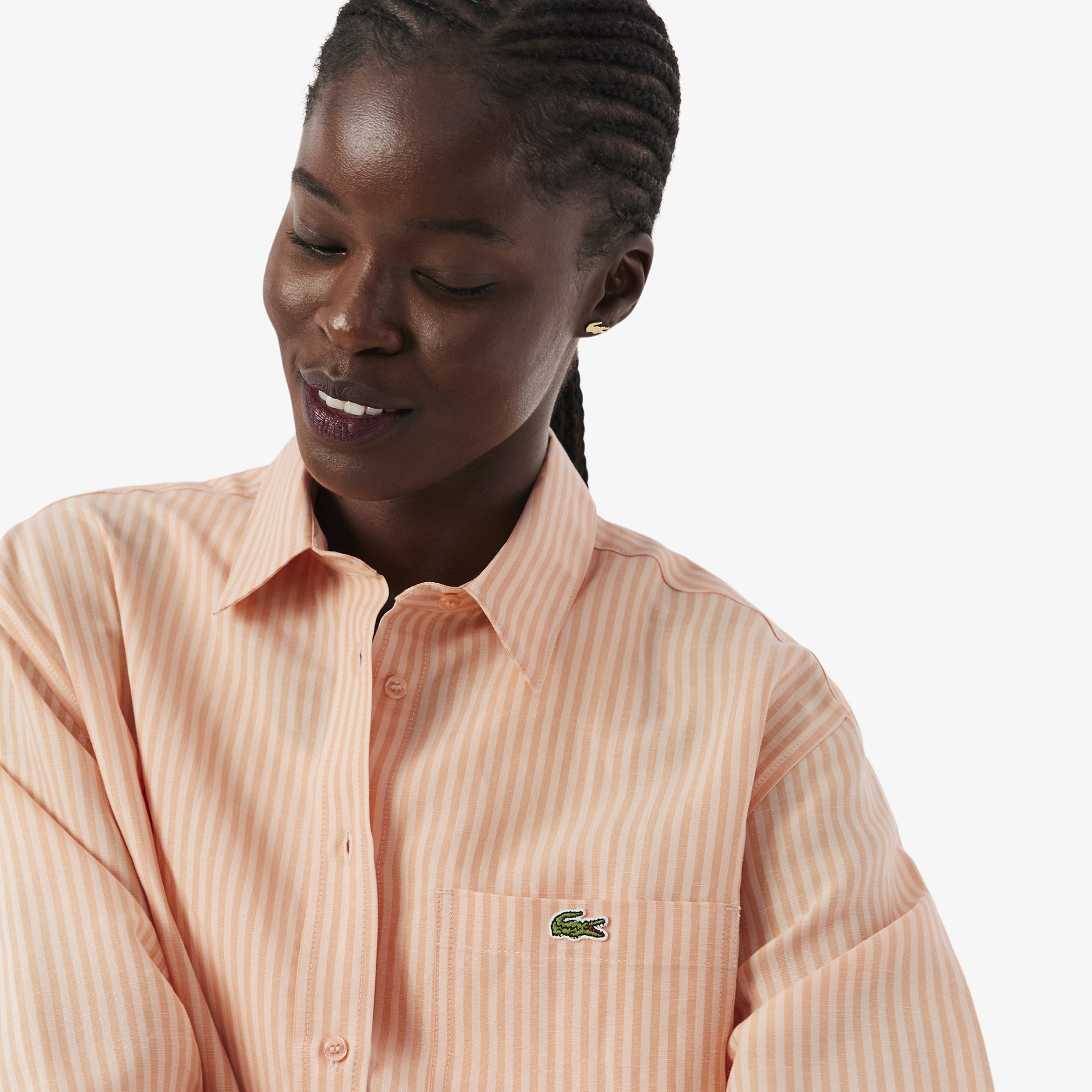 Kadın Oversize Fit Çizgili Keten Turuncu Gömlek