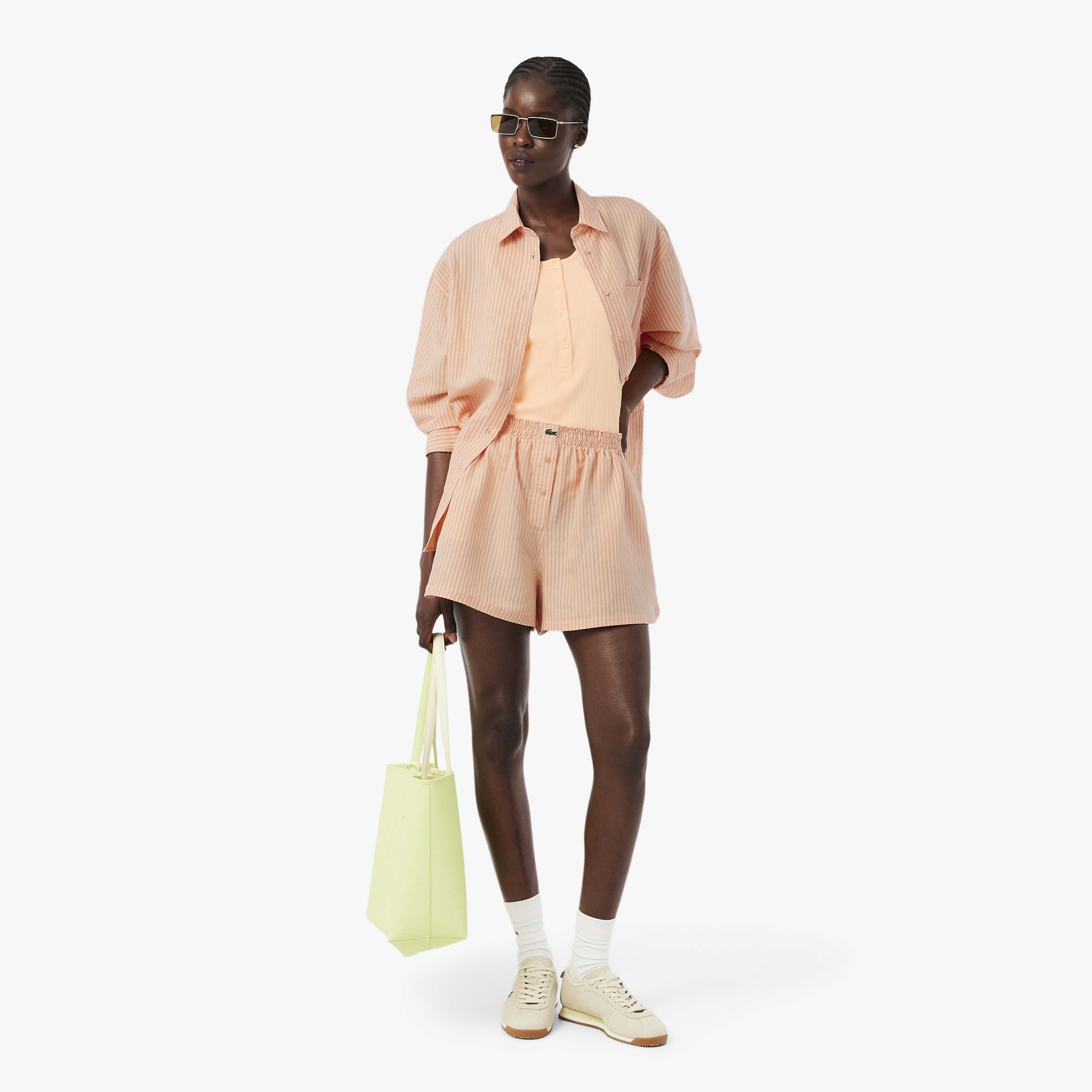 Kadın Oversize Fit Çizgili Keten Turuncu Gömlek