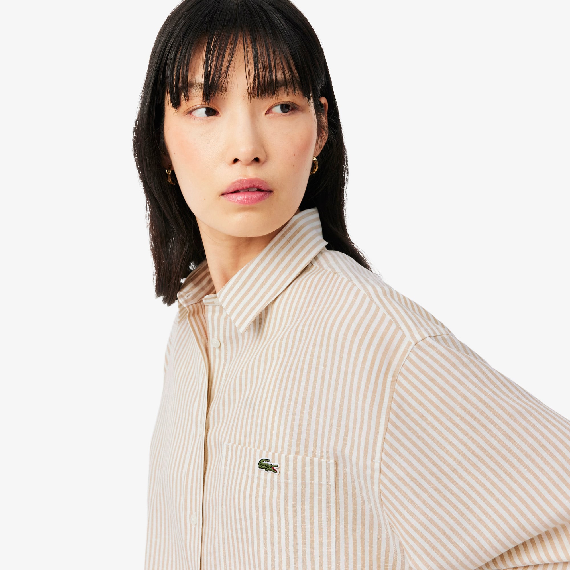 Lacoste Kadın Oversize Fit Çizgili Keten Krem Gömlek görsel 2