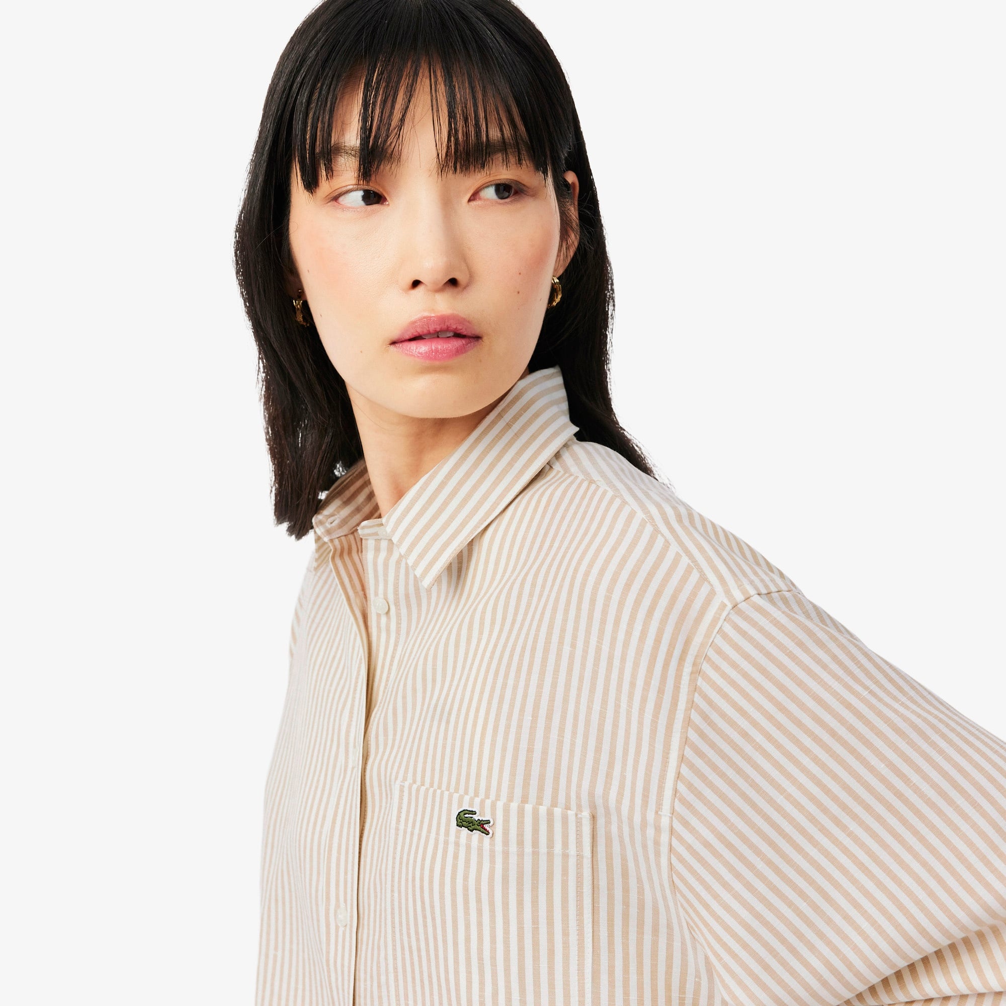 Kadın Oversize Fit Çizgili Keten Krem Gömlek