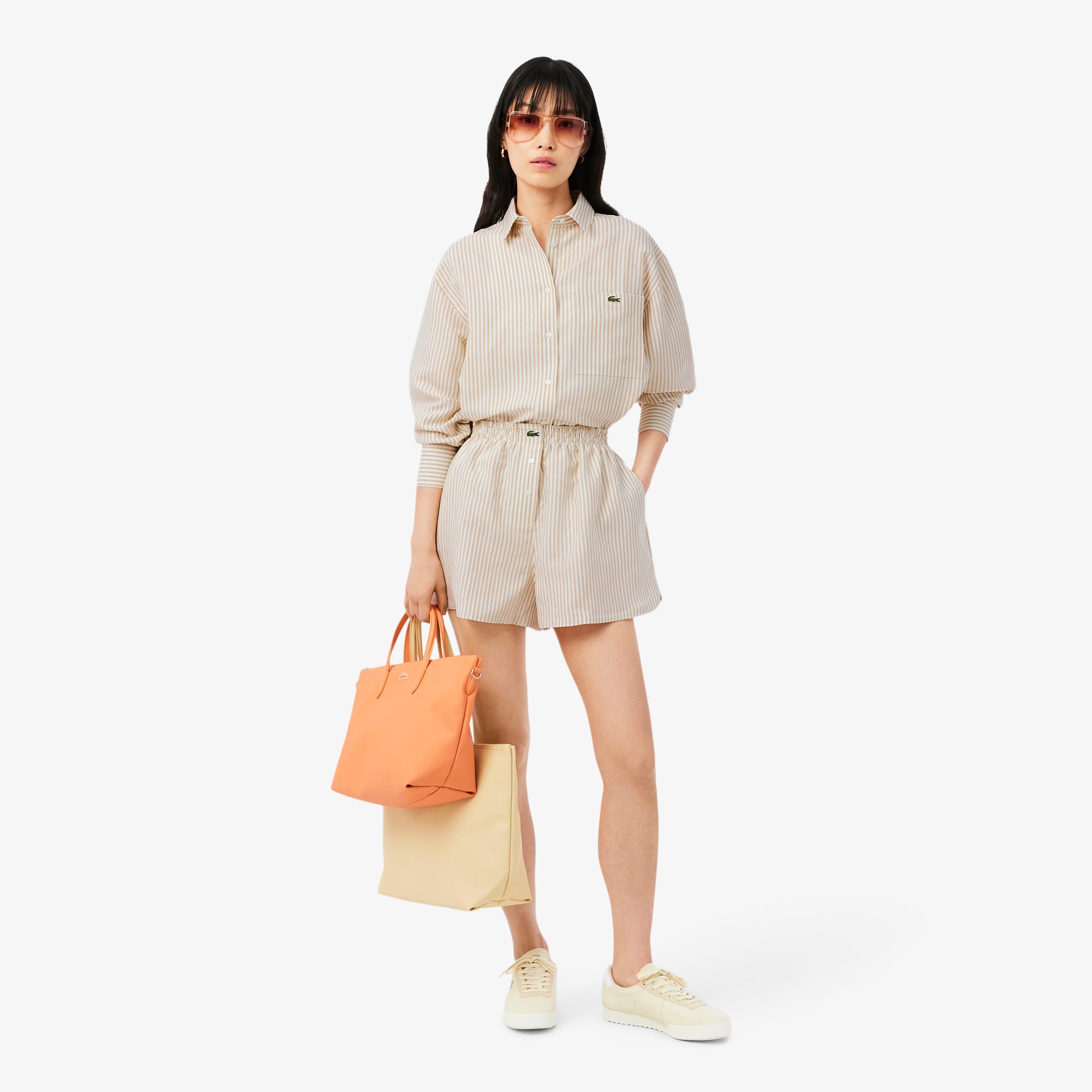 Lacoste Kadın Oversize Fit Çizgili Keten Krem Gömlek görsel 4