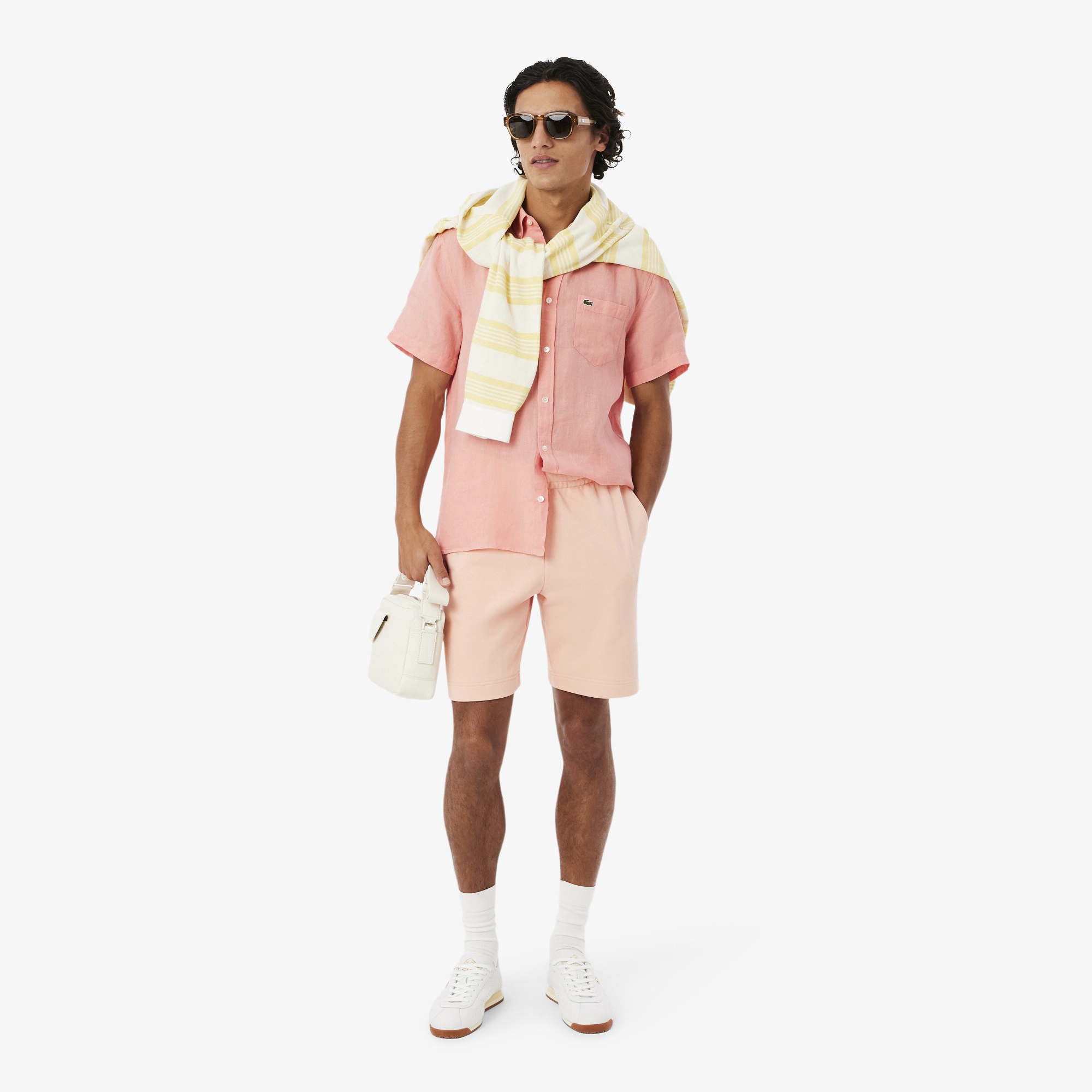 Erkek Regular Fit Kısa Kollu Düğmeli Yaka Keten Pembe Gömlek