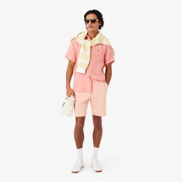 Erkek Regular Fit Kısa Kollu Düğmeli Yaka Keten Pembe Gömlek Pembe