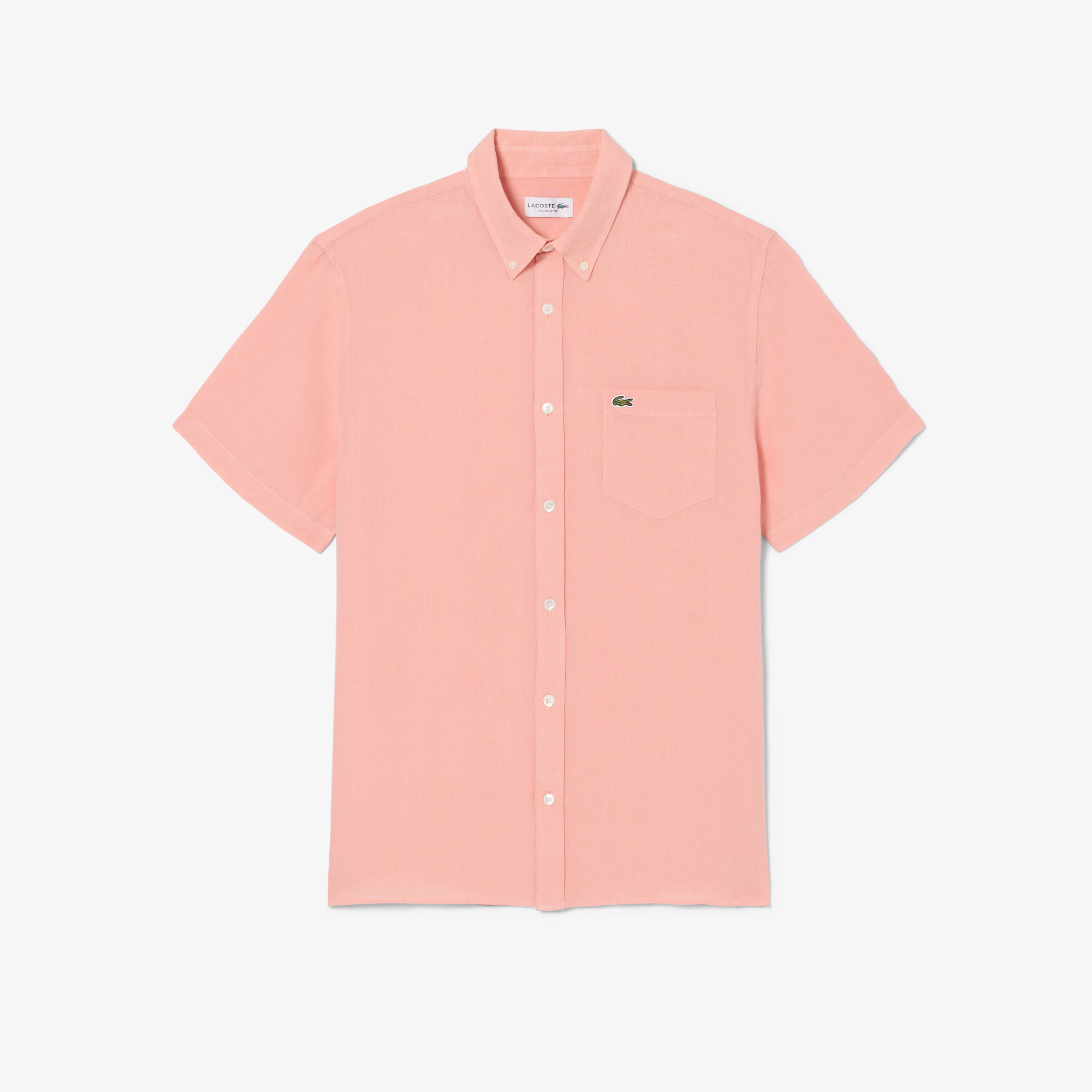 Lacoste Erkek Regular Fit Kısa Kollu Düğmeli Yaka Keten Pembe Gömlek görsel 5