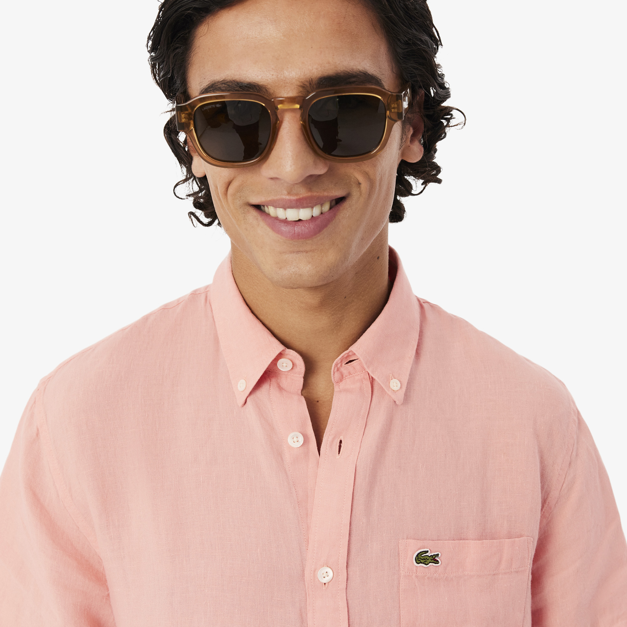 Lacoste Erkek Regular Fit Kısa Kollu Düğmeli Yaka Keten Pembe Gömlek görsel 2