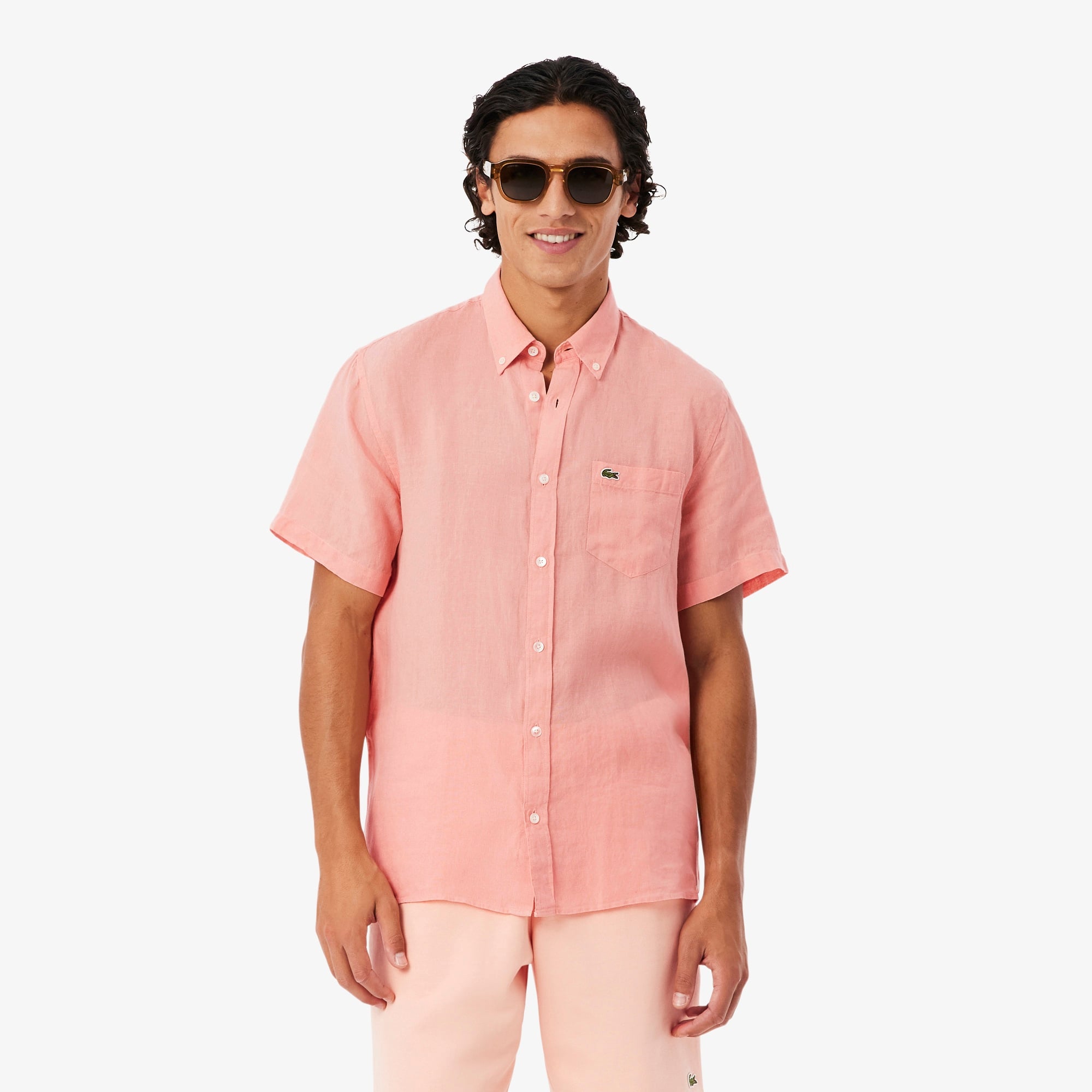 Erkek Regular Fit Kısa Kollu Düğmeli Yaka Keten Pembe Gömlek