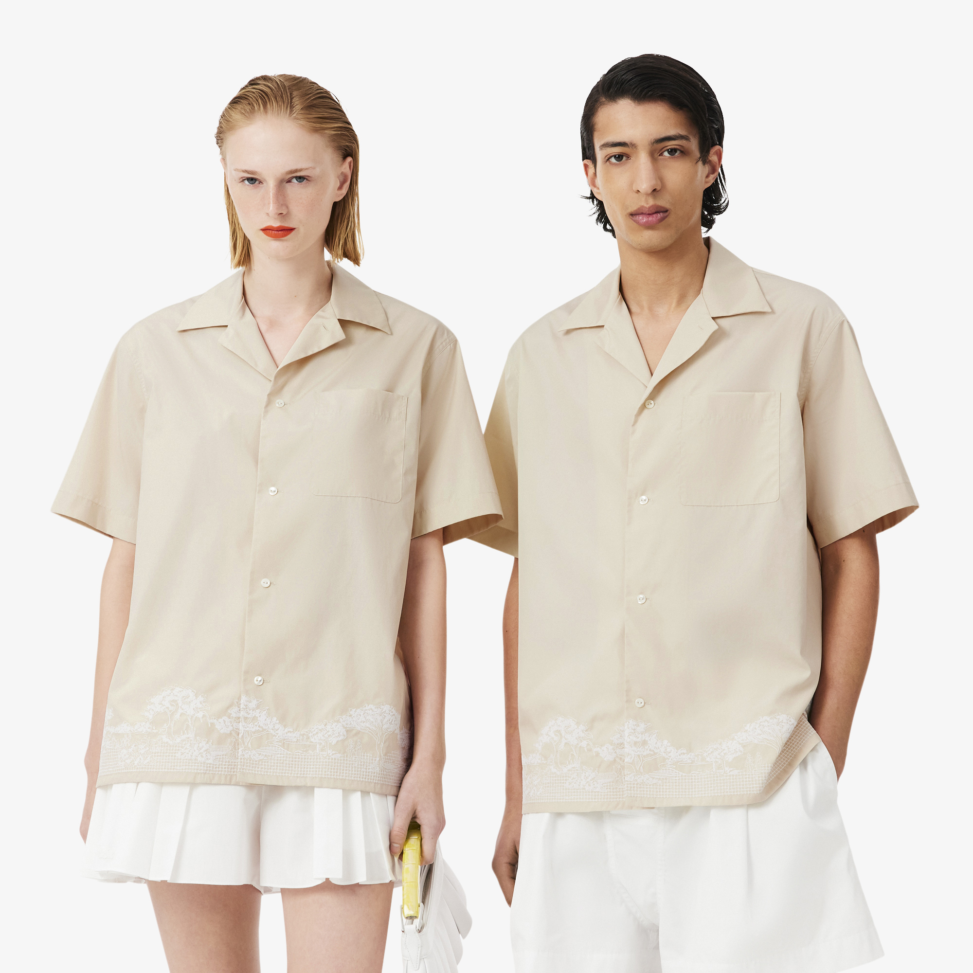 Lacoste SS26 RUNWAY Unisex Relaxed Fit Kısa Kollu Desenli Bej Gömlek