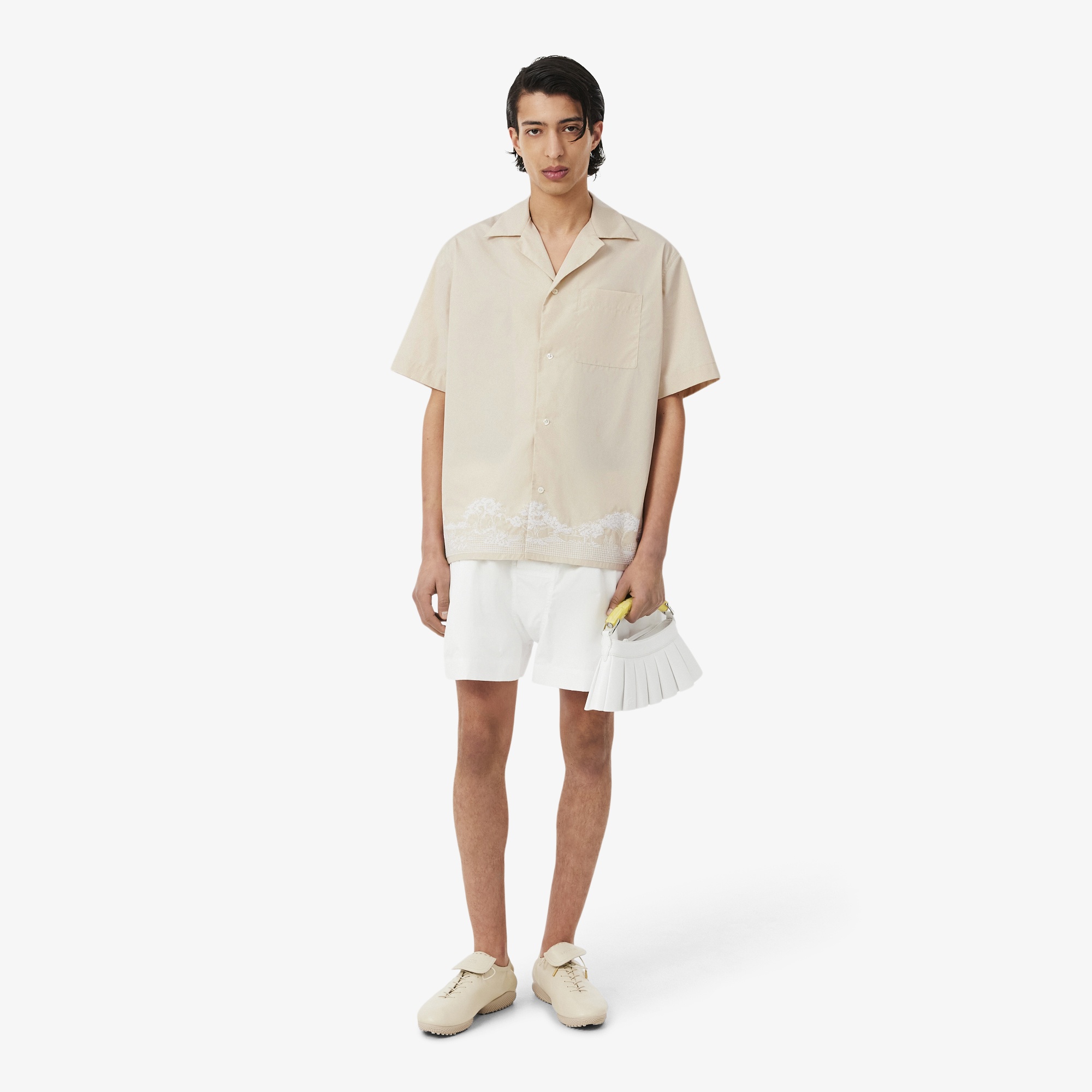 SS26 RUNWAY Unisex Relaxed Fit Kısa Kollu Desenli Bej Gömlek