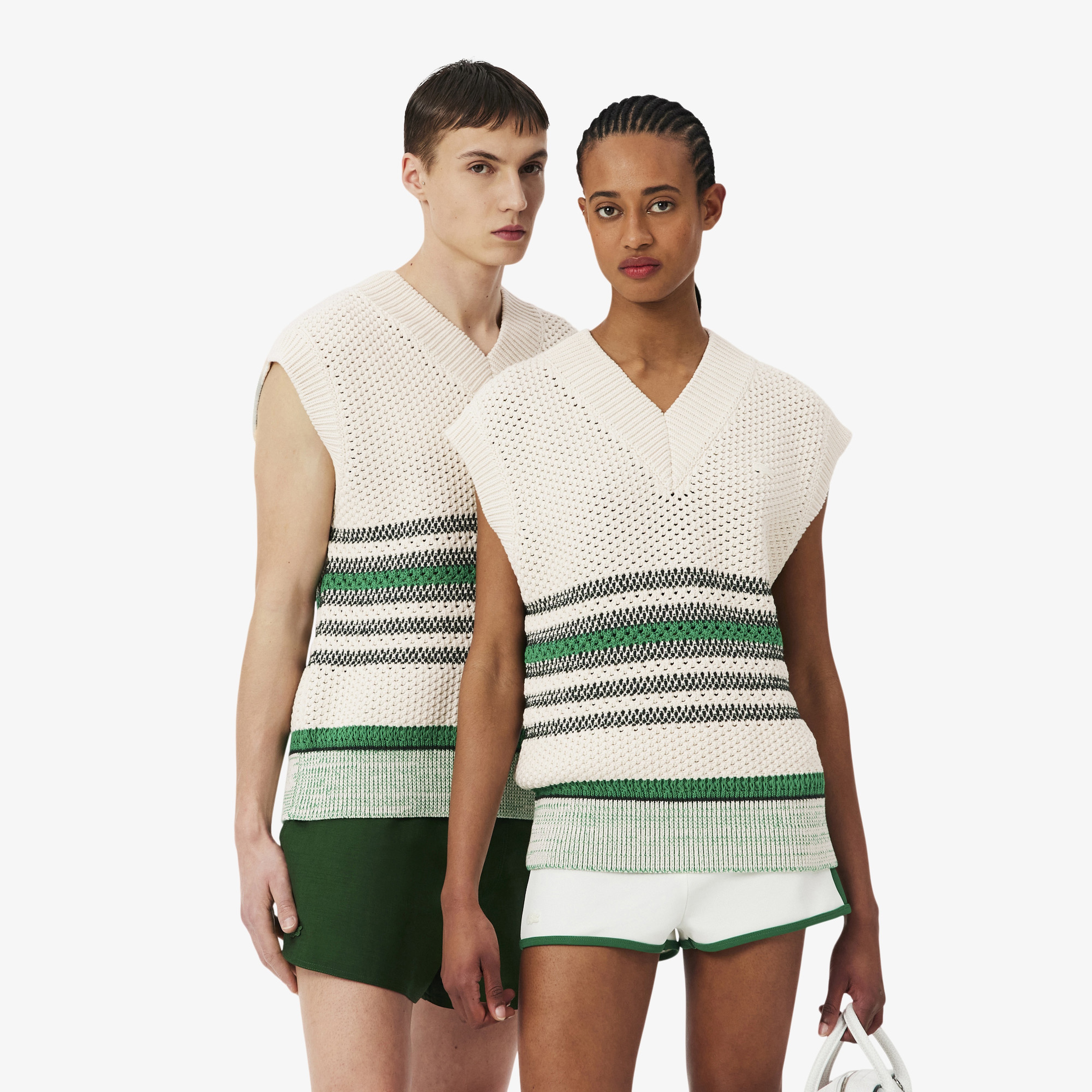 SS26 RUNWAY Unisex Relaxed Fit V Yaka Çizgili Krem Süveter