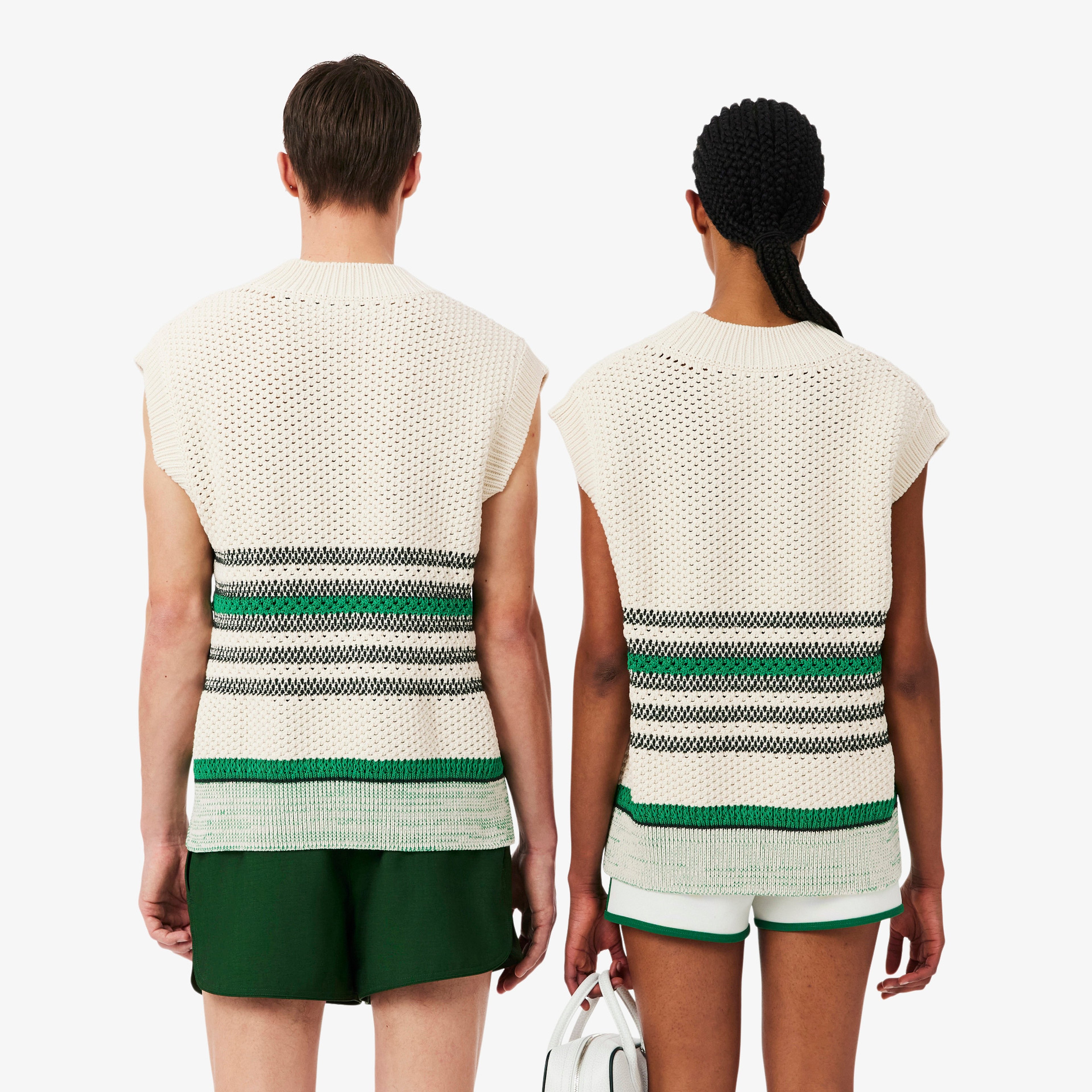 SS26 RUNWAY Unisex Relaxed Fit V Yaka Çizgili Krem Süveter