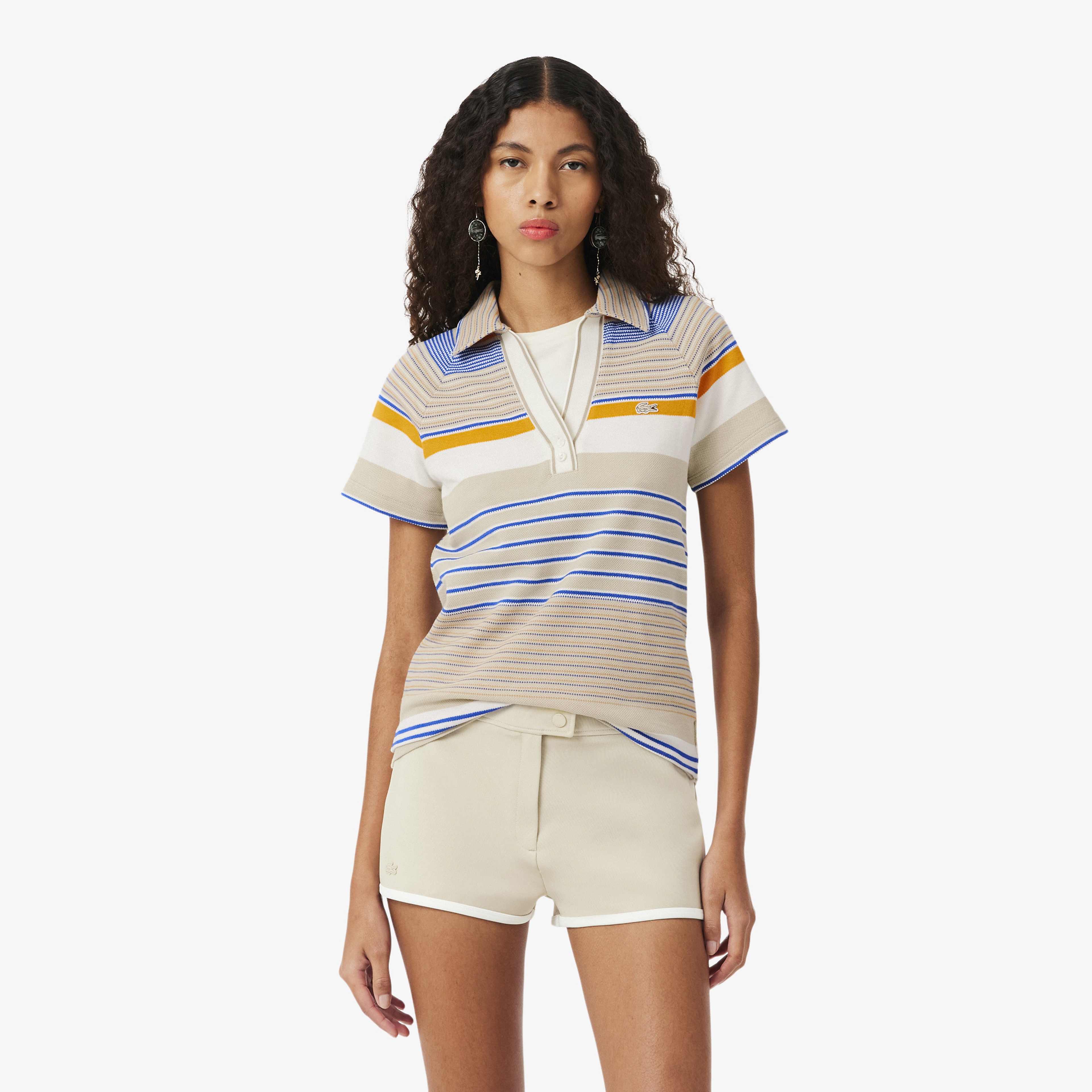 SS26 RUNWAY Kadın Slim Fit Çizgili Bej Polo