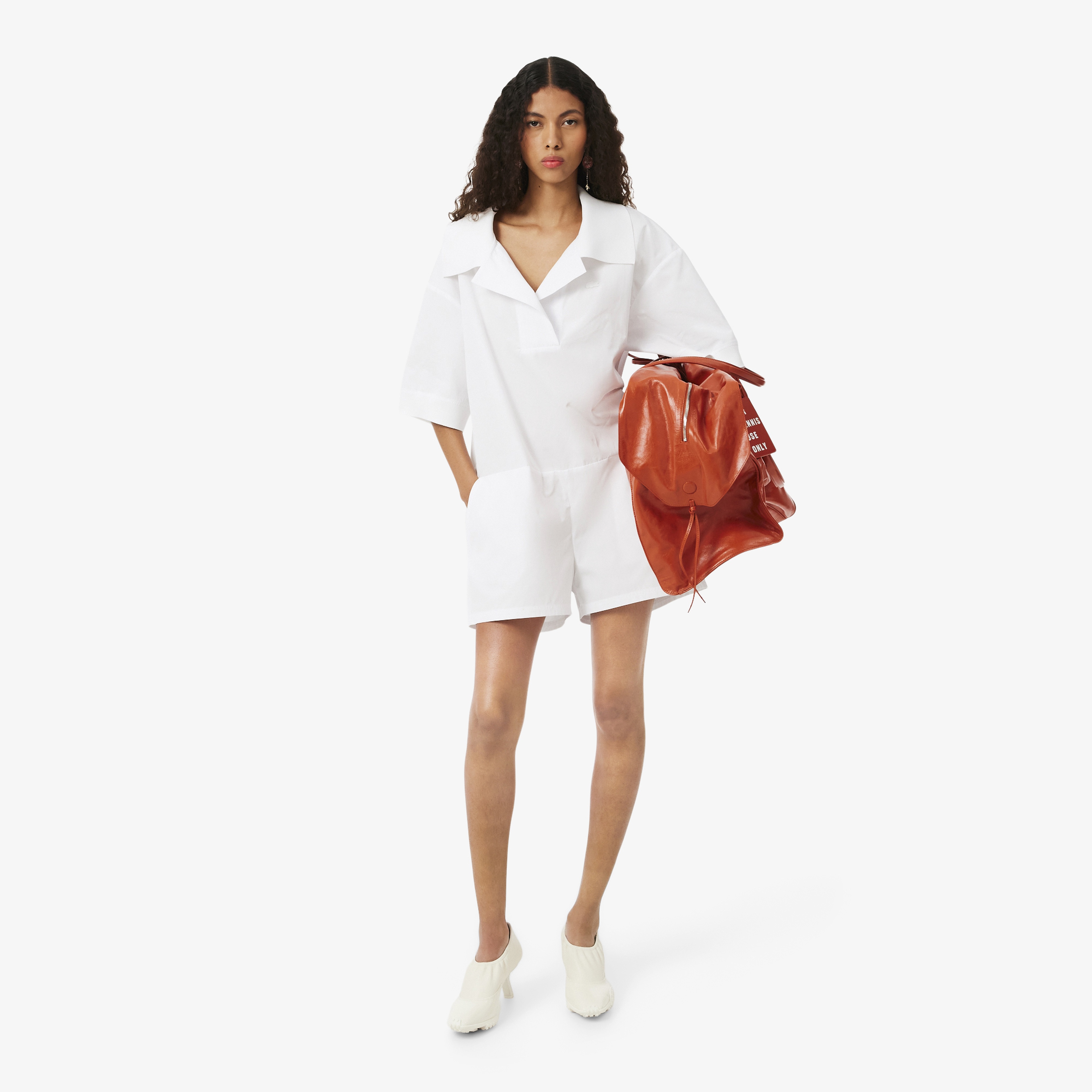 SS26 RUNWAY Kadın Relaxed Fit Kısa Kollu Polo Yaka Beyaz Tulum