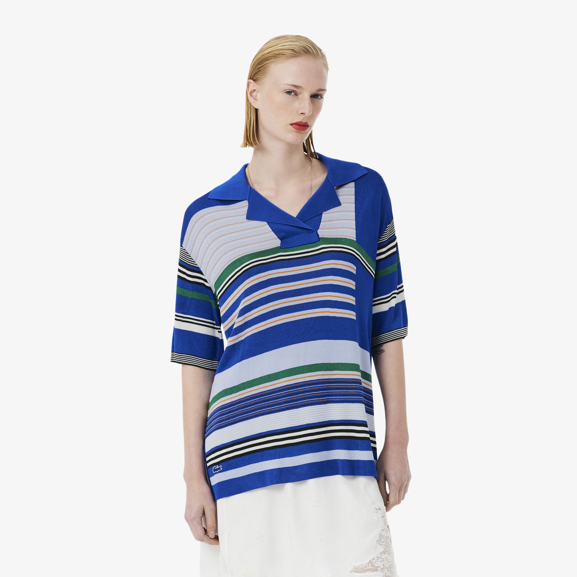 SS26 RUNWAY Kadın Oversize Fit Kısa Kollu Polo Yaka Lacivert Triko