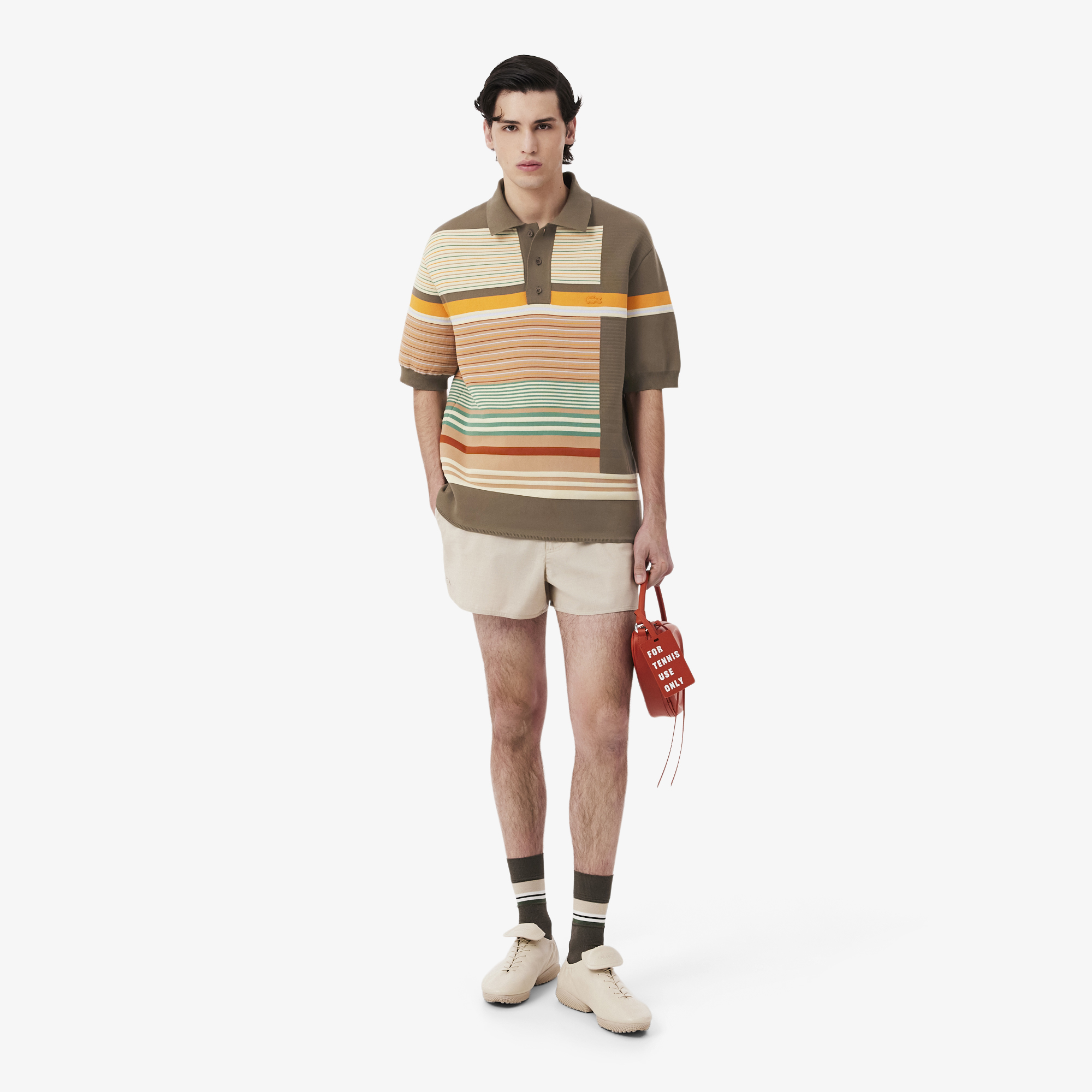 SS26 RUNWAY Erkek Loose Fit Kısa Kollu Polo Yaka Çizgili Kahverengi Triko