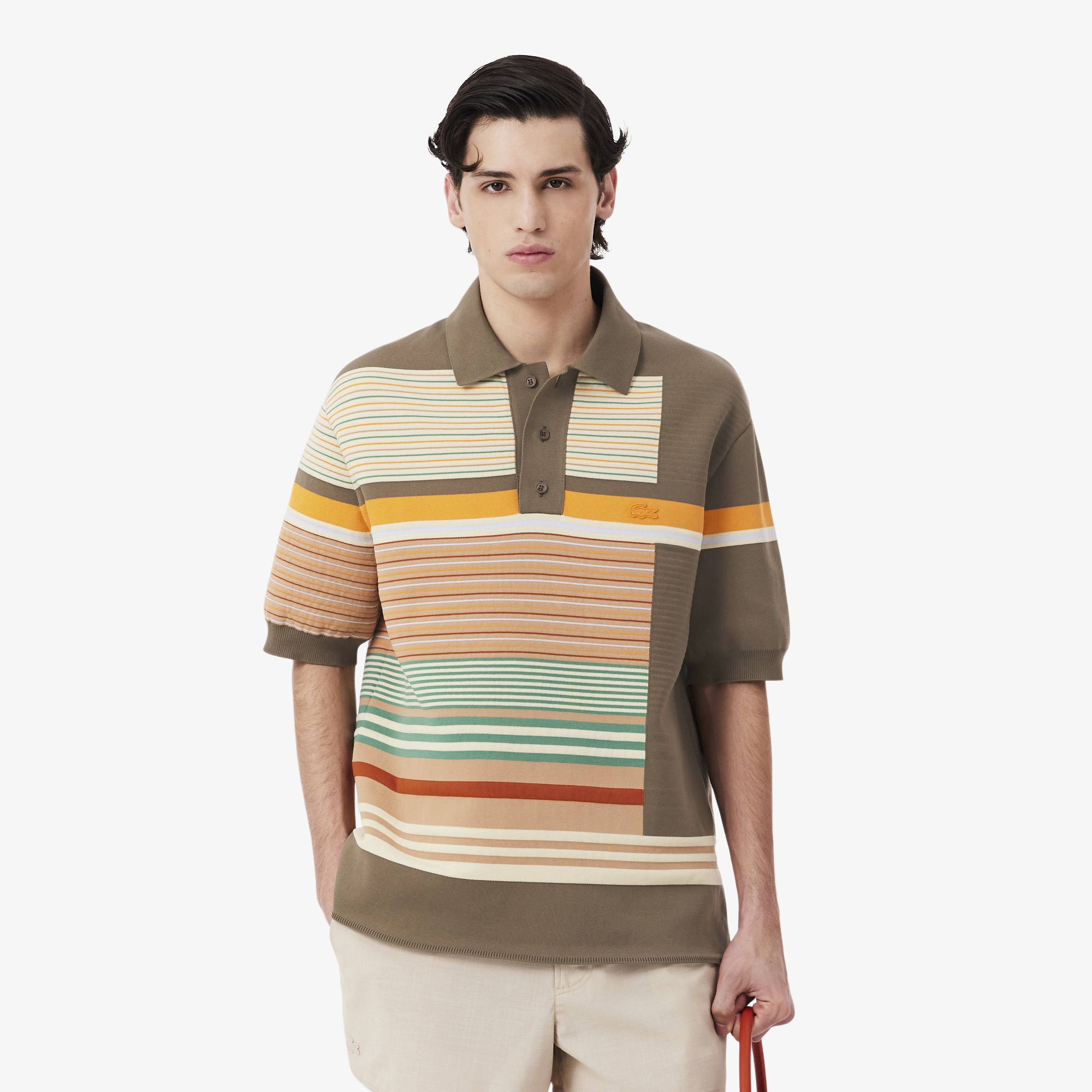 SS26 RUNWAY Erkek Loose Fit Kısa Kollu Polo Yaka Çizgili Kahverengi Triko