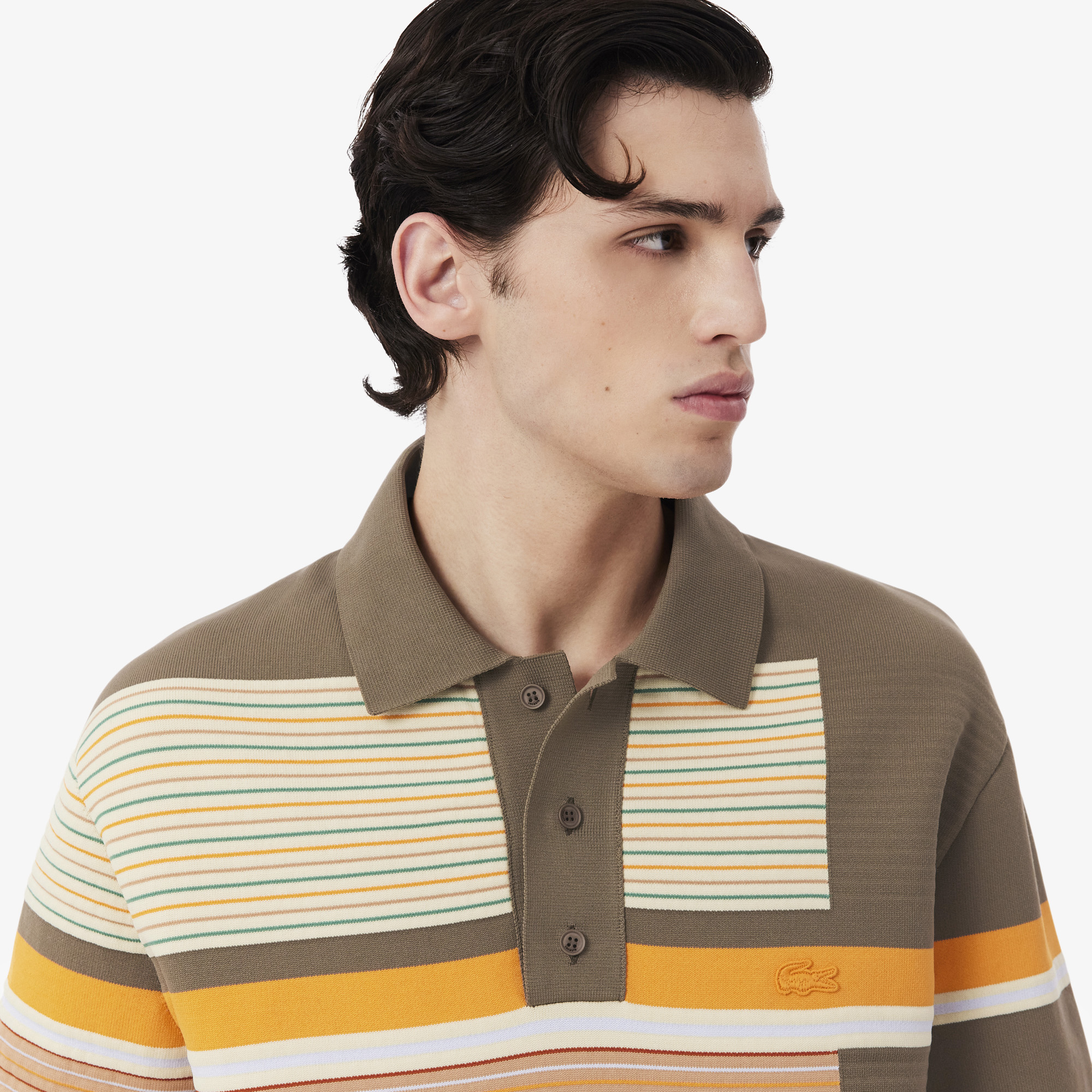 SS26 RUNWAY Erkek Loose Fit Kısa Kollu Polo Yaka Çizgili Kahverengi Triko