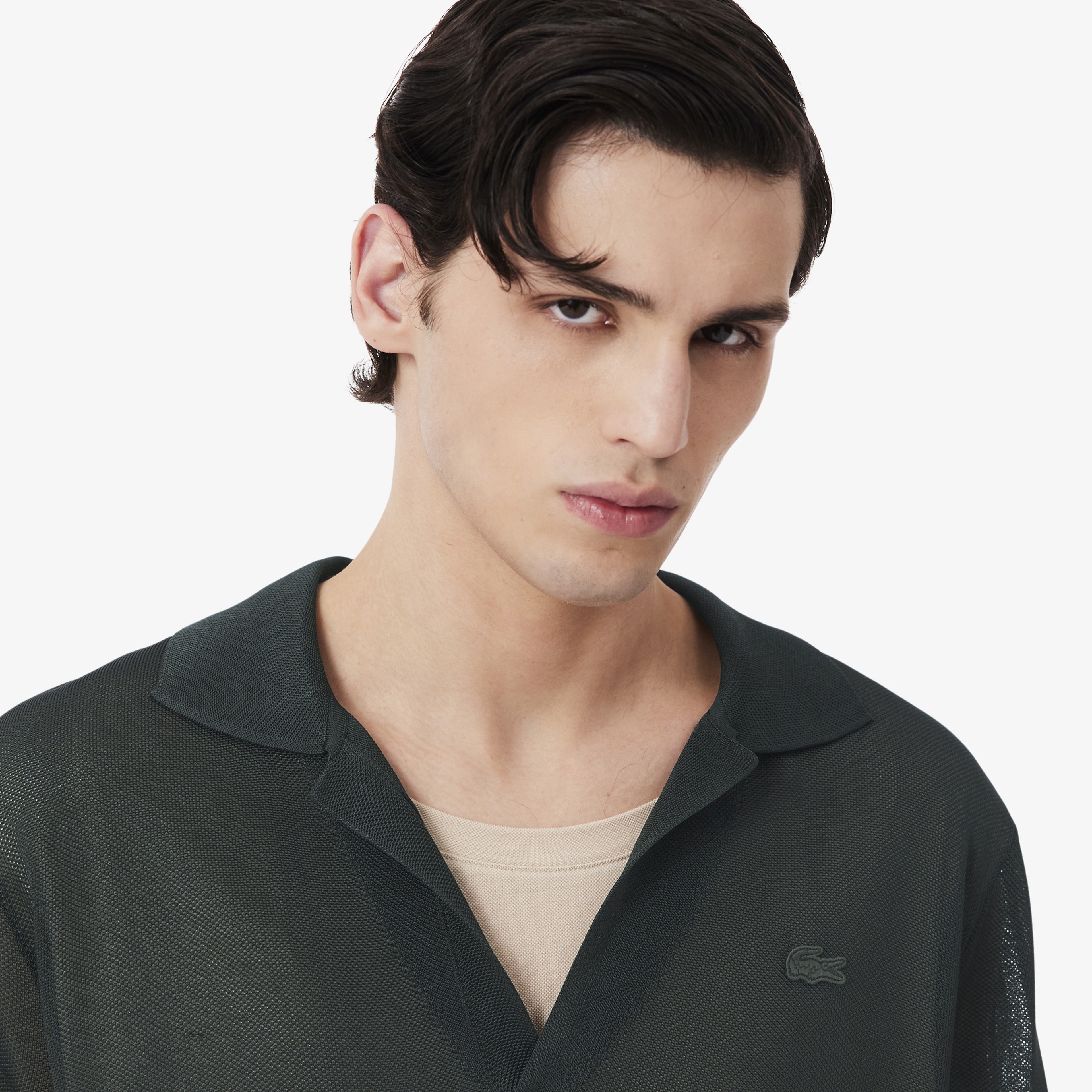 SS26 RUNWAY Erkek Slim Fit Kısa Kollu Polo Yaka Saten Koyu Yeşil Triko