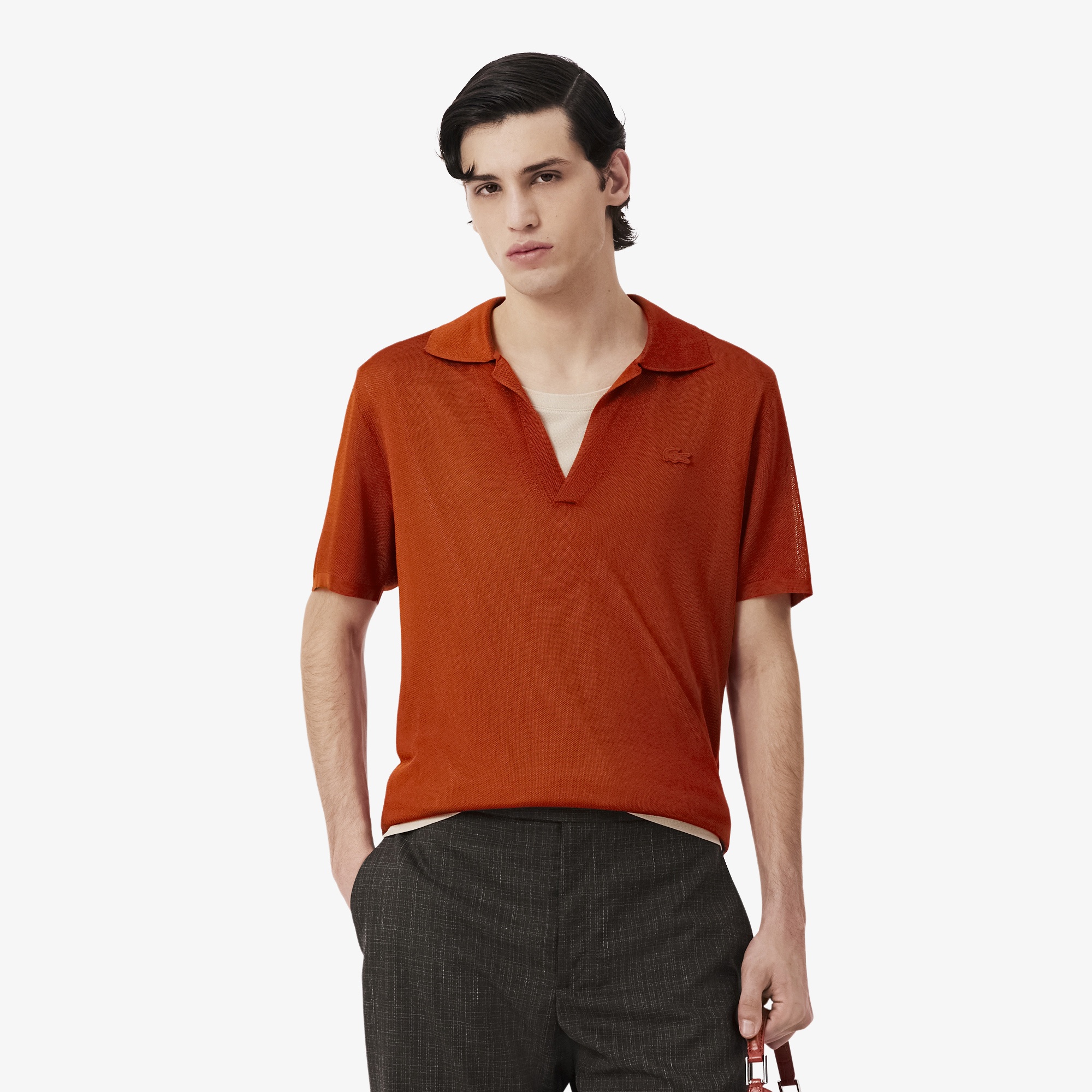 SS26 RUNWAY Erkek Slim Fit Kısa Kollu Polo Yaka Saten Turuncu Triko