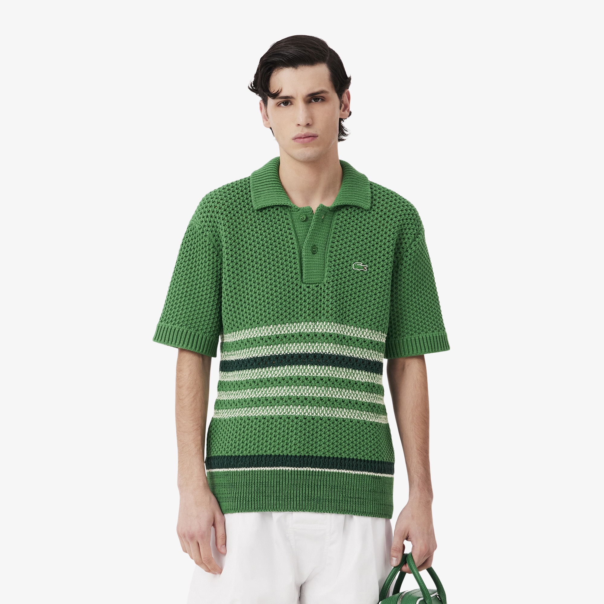 SS26 RUNWAY Erkek Loose Fit Kısa Kollu Polo Yaka Çizgili Yeşil Triko