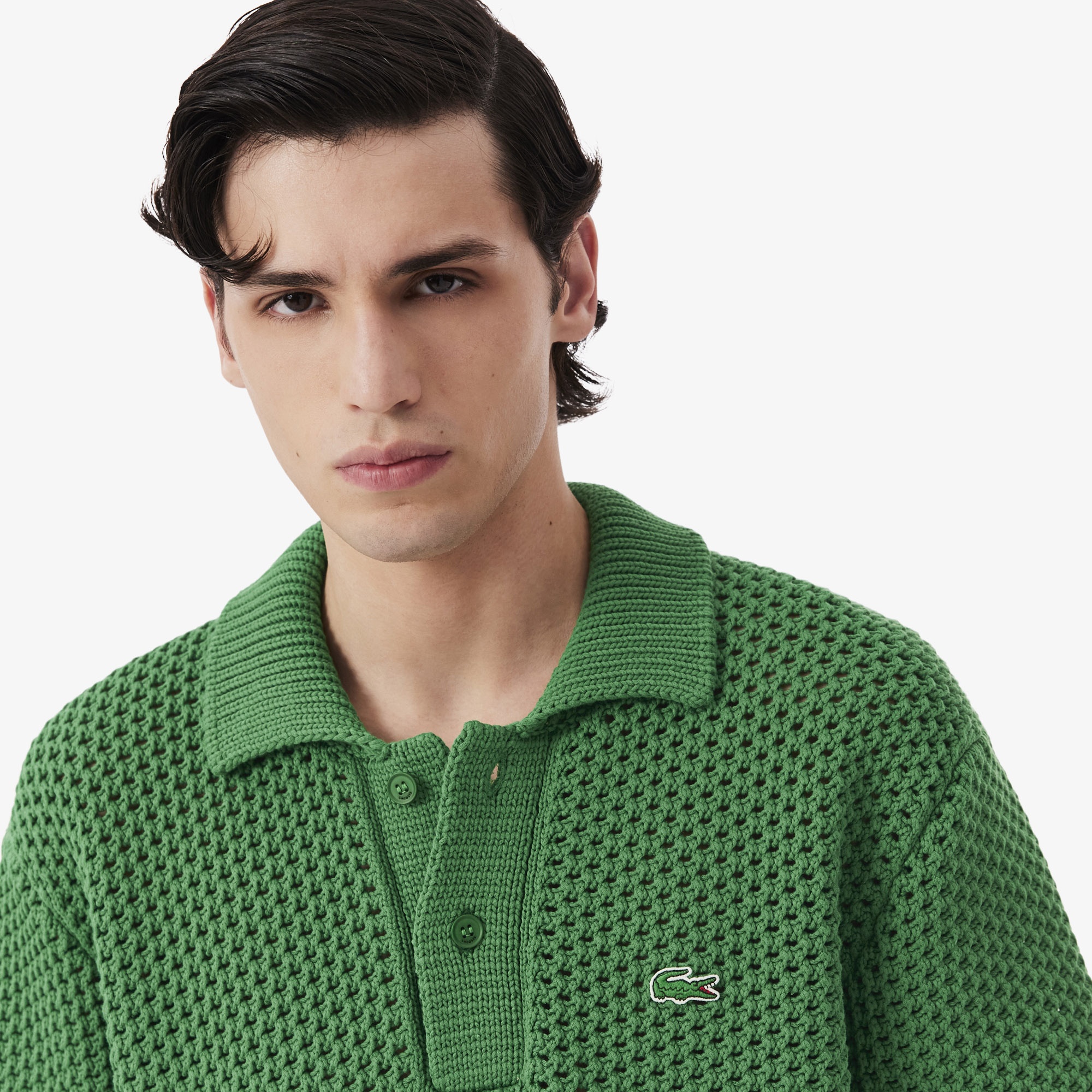 SS26 RUNWAY Erkek Loose Fit Kısa Kollu Polo Yaka Çizgili Yeşil Triko