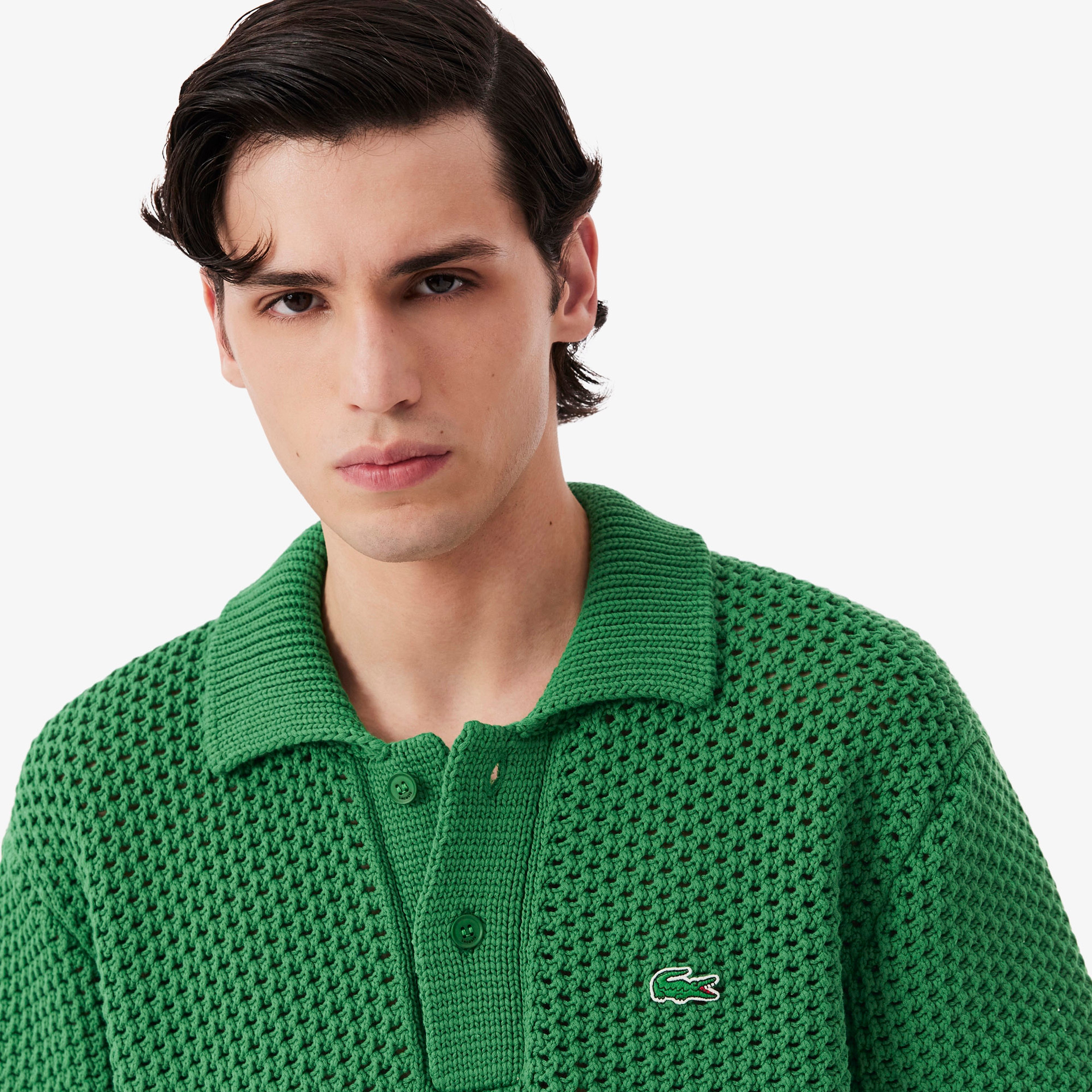 SS26 RUNWAY Erkek Loose Fit Kısa Kollu Polo Yaka Çizgili Yeşil Triko