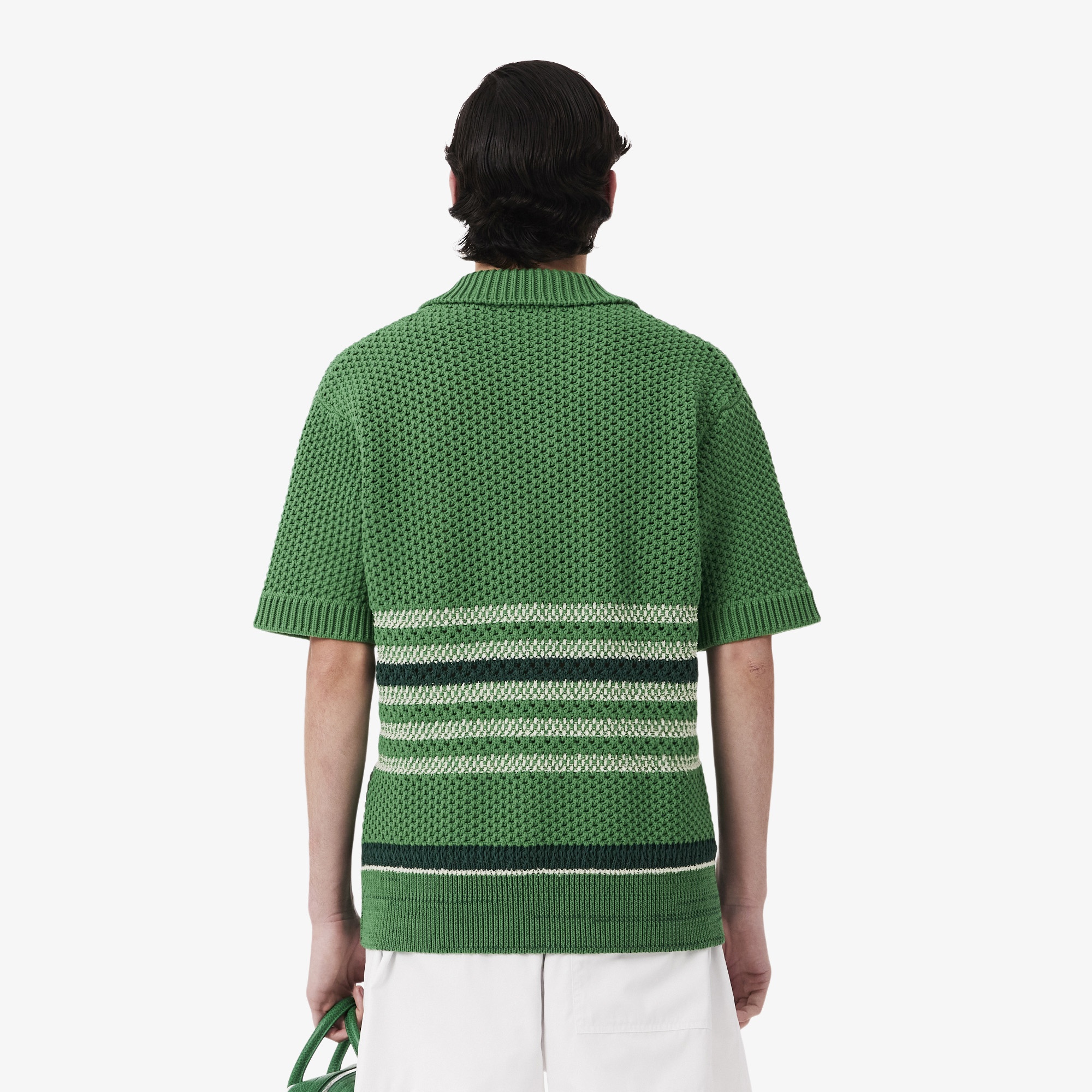 SS26 RUNWAY Erkek Loose Fit Kısa Kollu Polo Yaka Çizgili Yeşil Triko