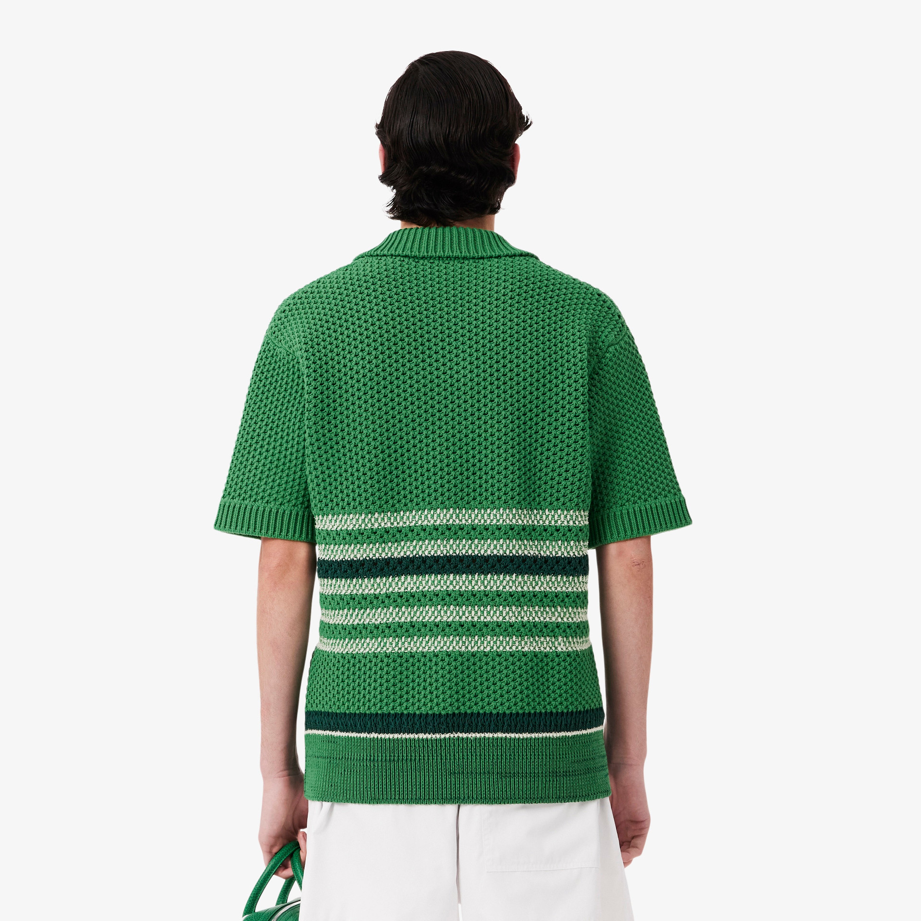 SS26 RUNWAY Erkek Loose Fit Kısa Kollu Polo Yaka Çizgili Yeşil Triko