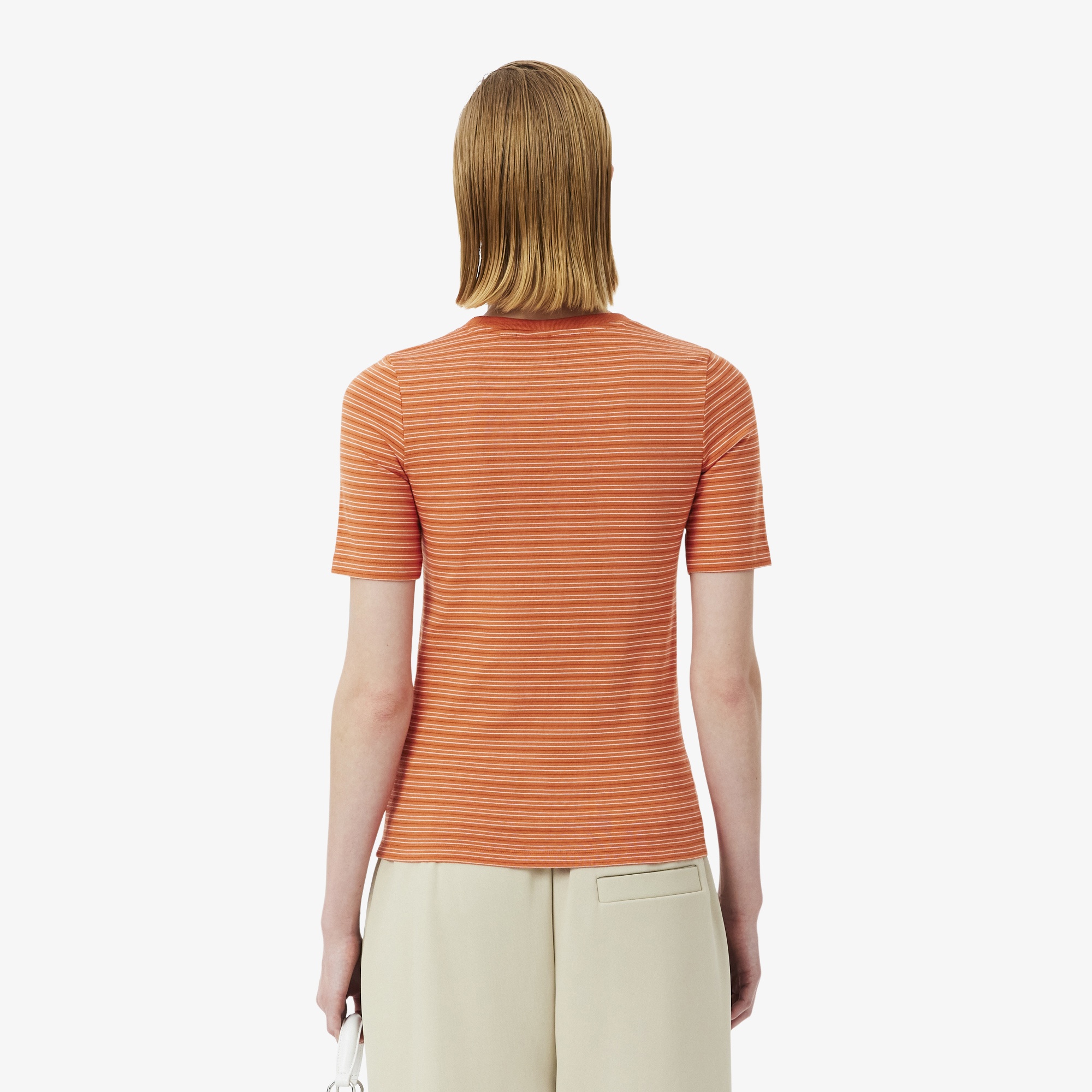 SS26 RUNWAY Kadın Slim Fit Bisiklet Yaka Çizgili Turuncu T-Shirt