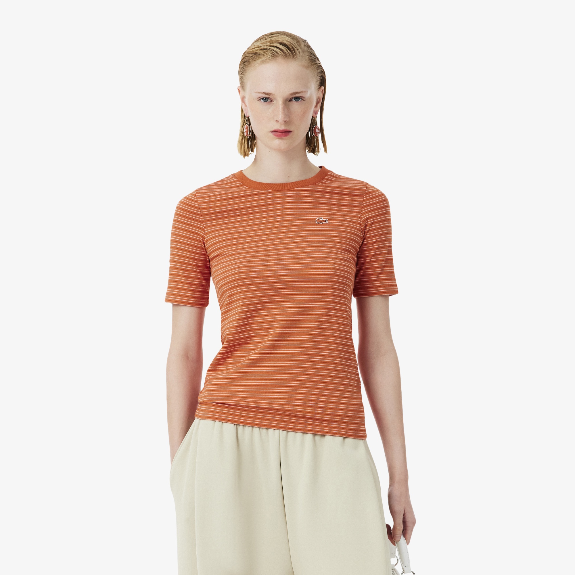 SS26 RUNWAY Kadın Slim Fit Bisiklet Yaka Çizgili Turuncu T-Shirt