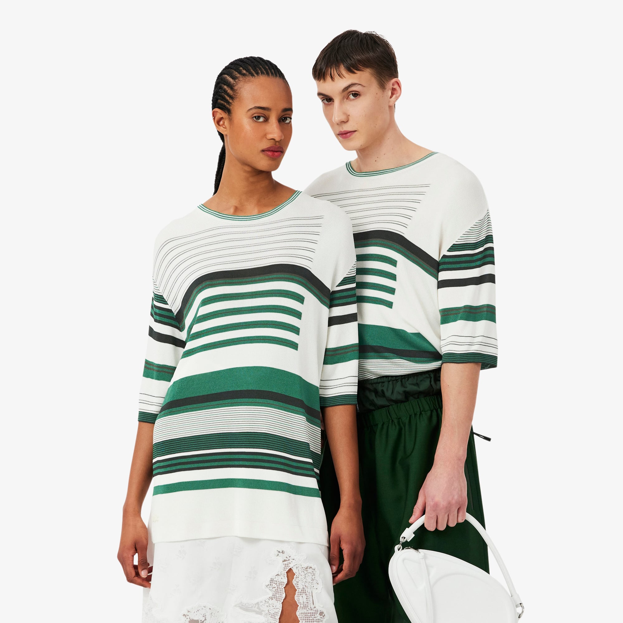 Lacoste SS26 RUNWAY Unisex Oversize Fit Bisiklet Yaka Çizgili Beyaz Triko