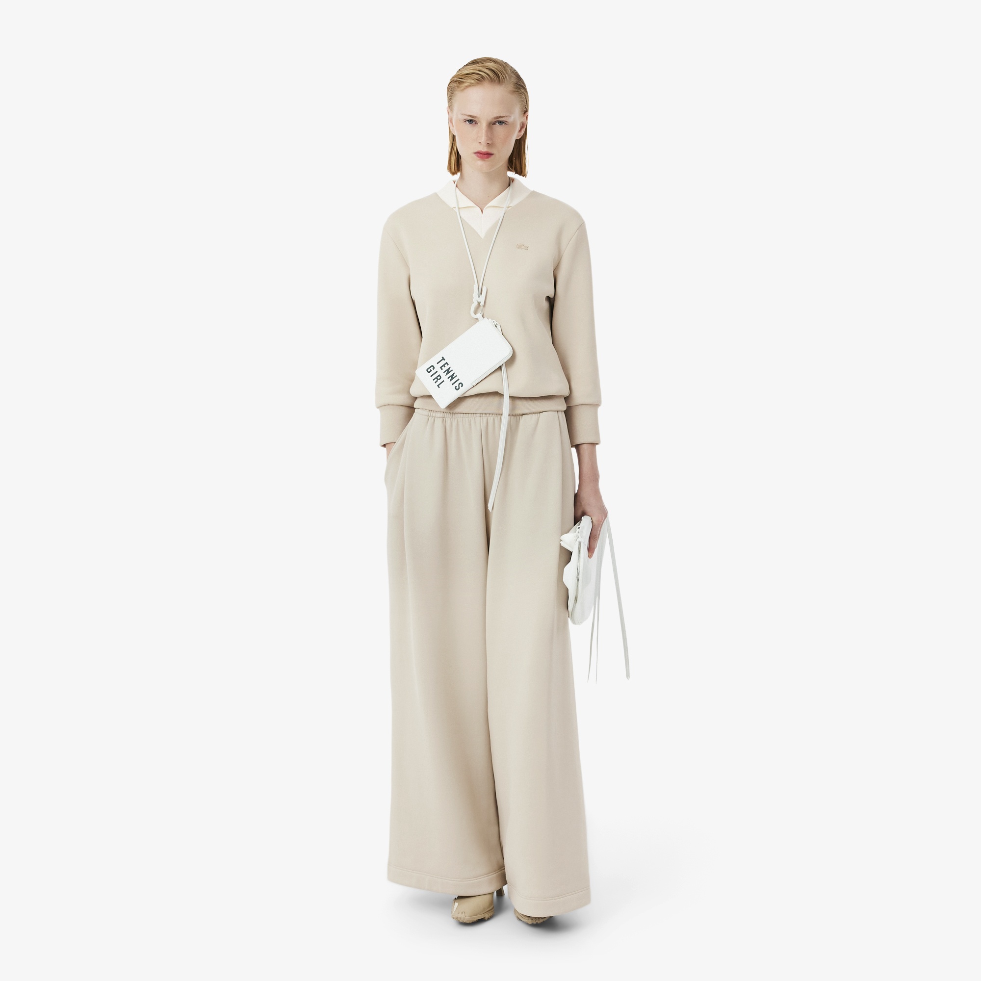 SS26 RUNWAY Kadın Relaxed Fit V Yaka Saten Bej Sweatshirt