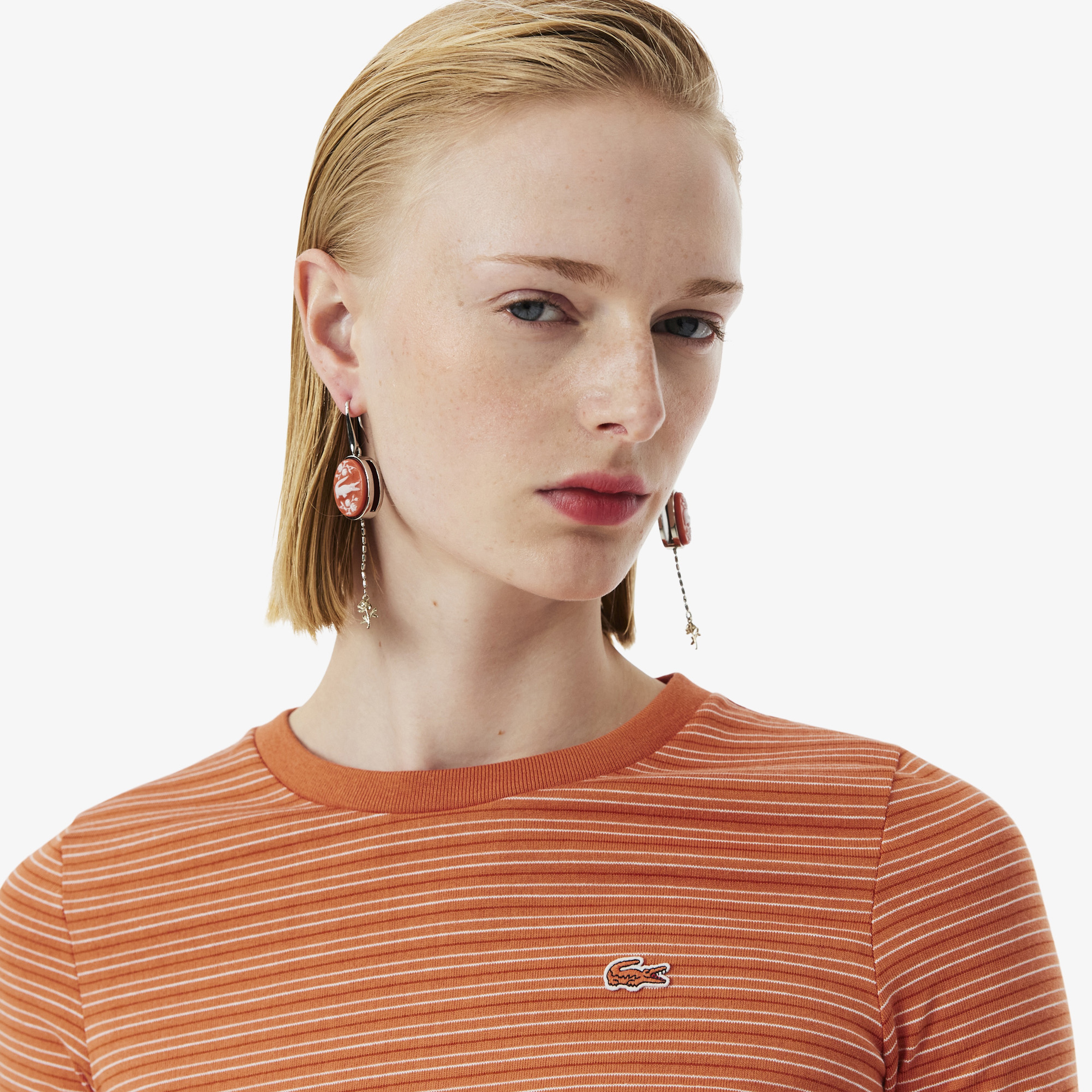 SS26 RUNWAY Kadın Slim Fit Bisiklet Yaka Çizgili Turuncu T-Shirt