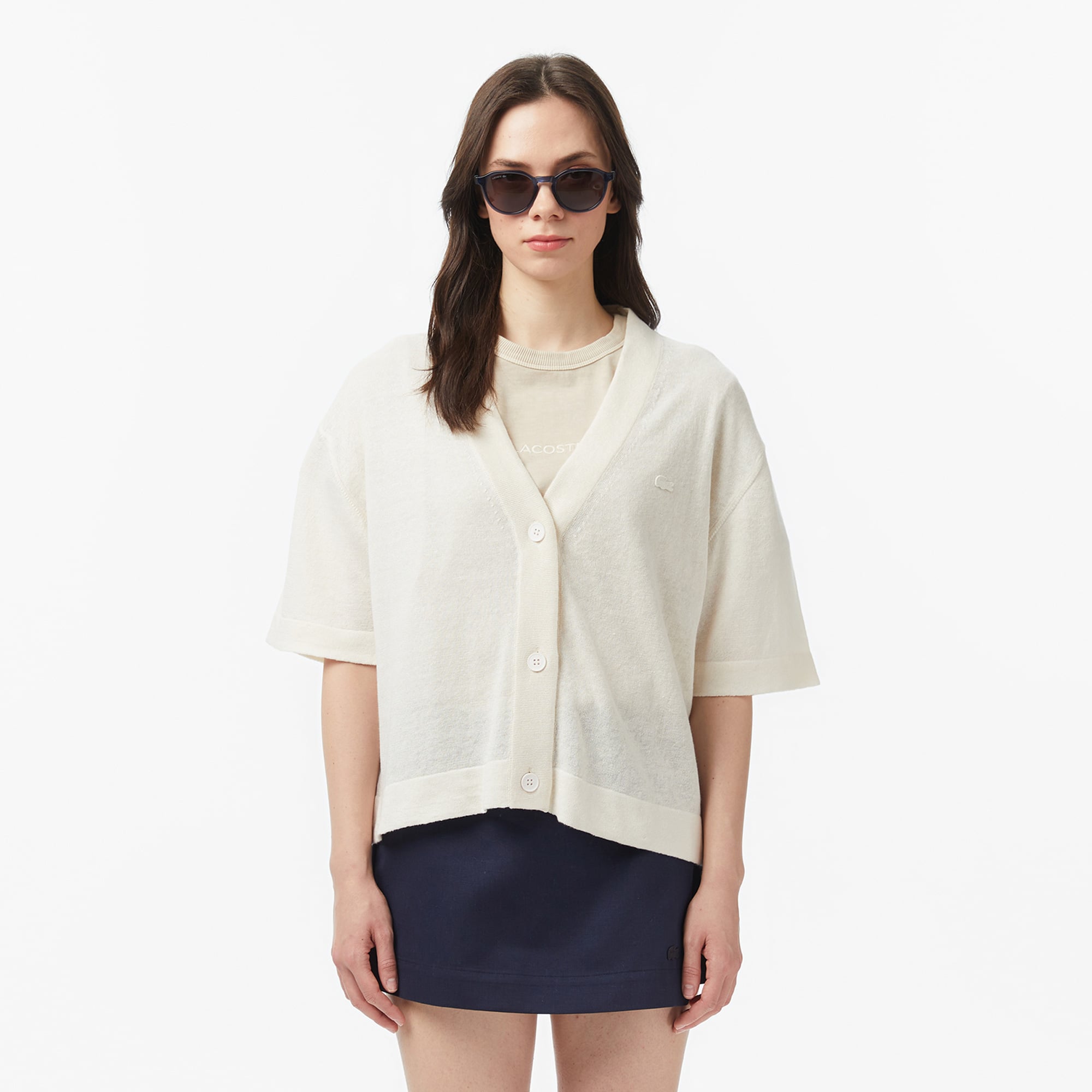Lacoste Kadın Relaxed Fit Kısa Kollu V Yaka Keten Krem Hırka