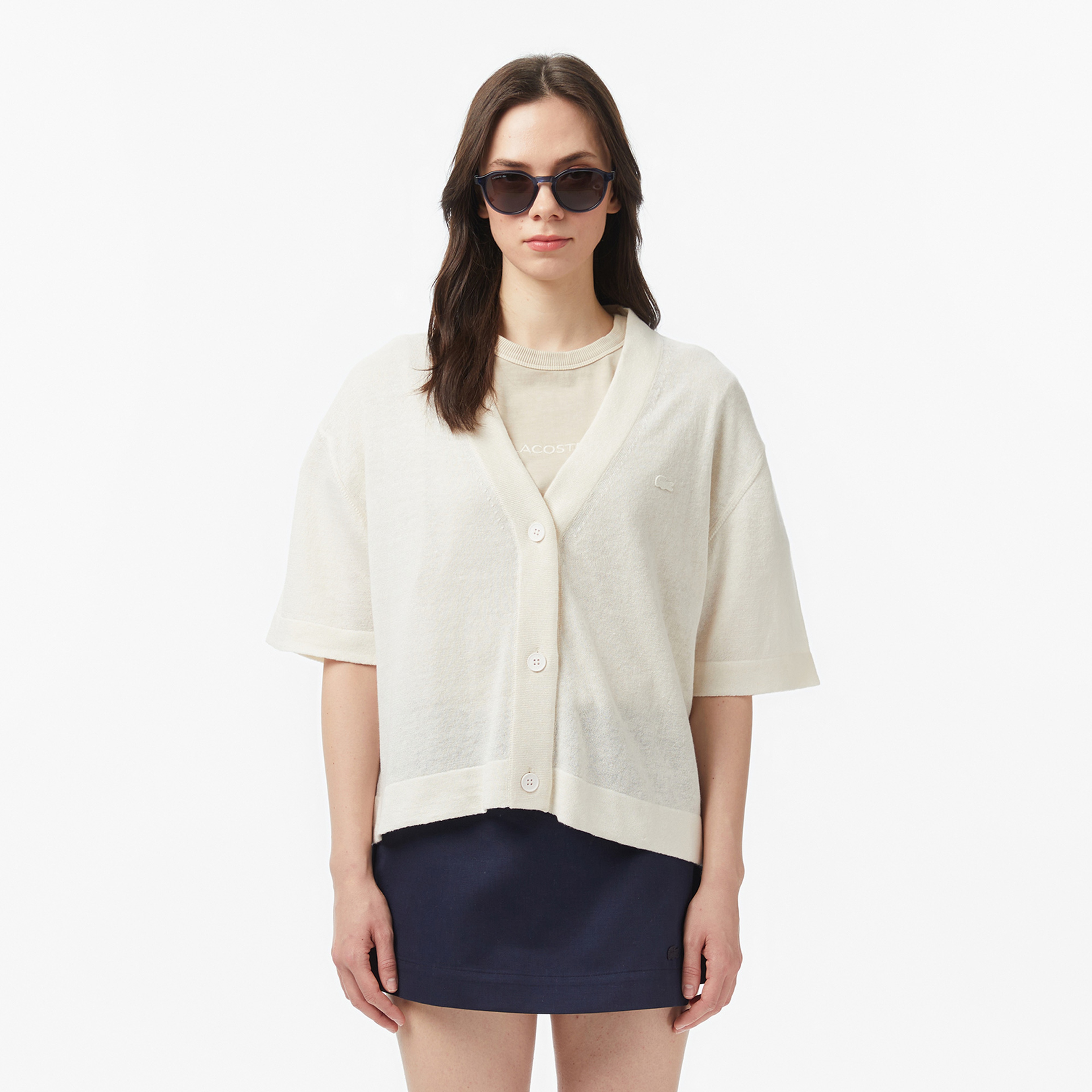 Kadın Relaxed Fit Kısa Kollu V Yaka Keten Krem Hırka