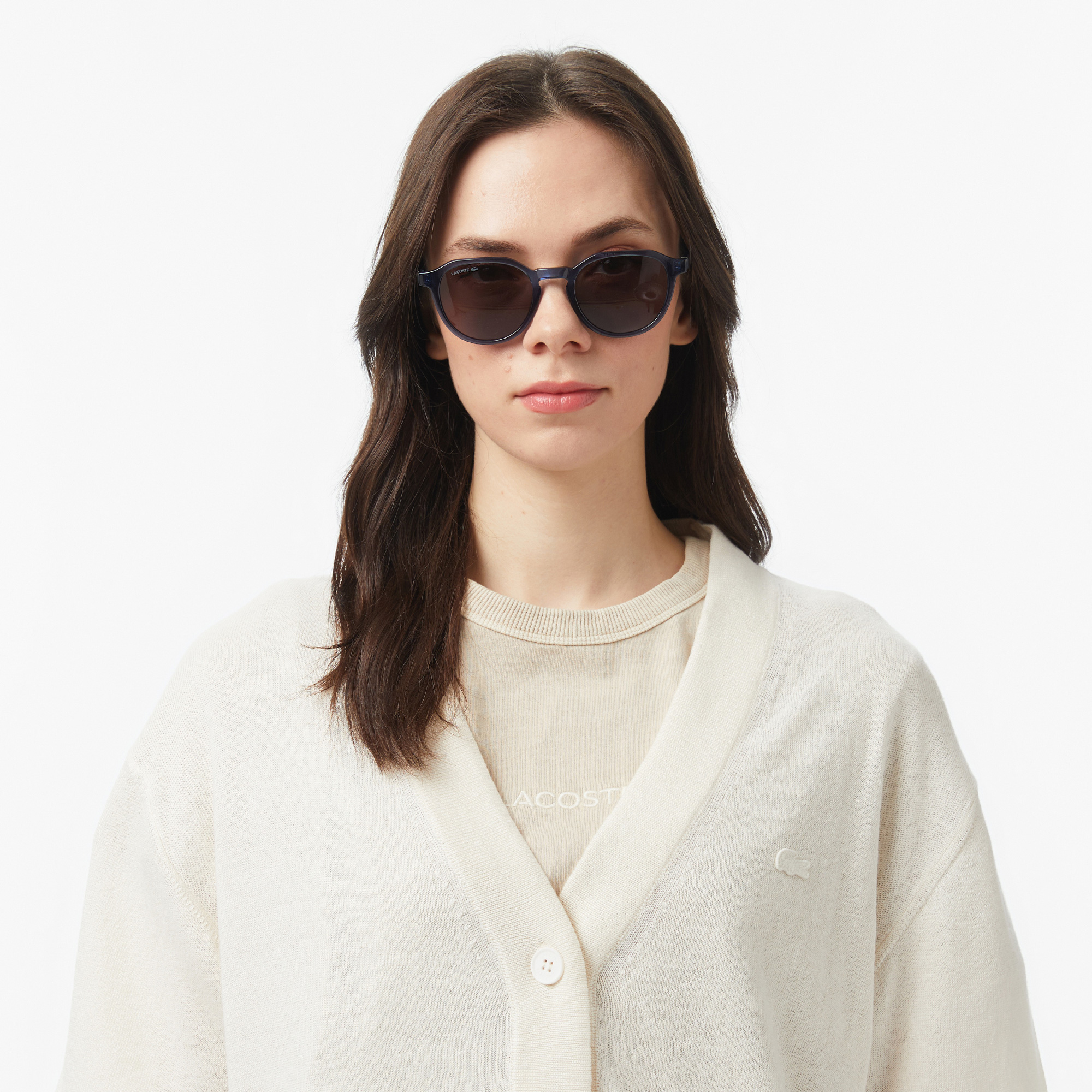 Lacoste Kadın Relaxed Fit Kısa Kollu V Yaka Keten Krem Hırka görsel 2