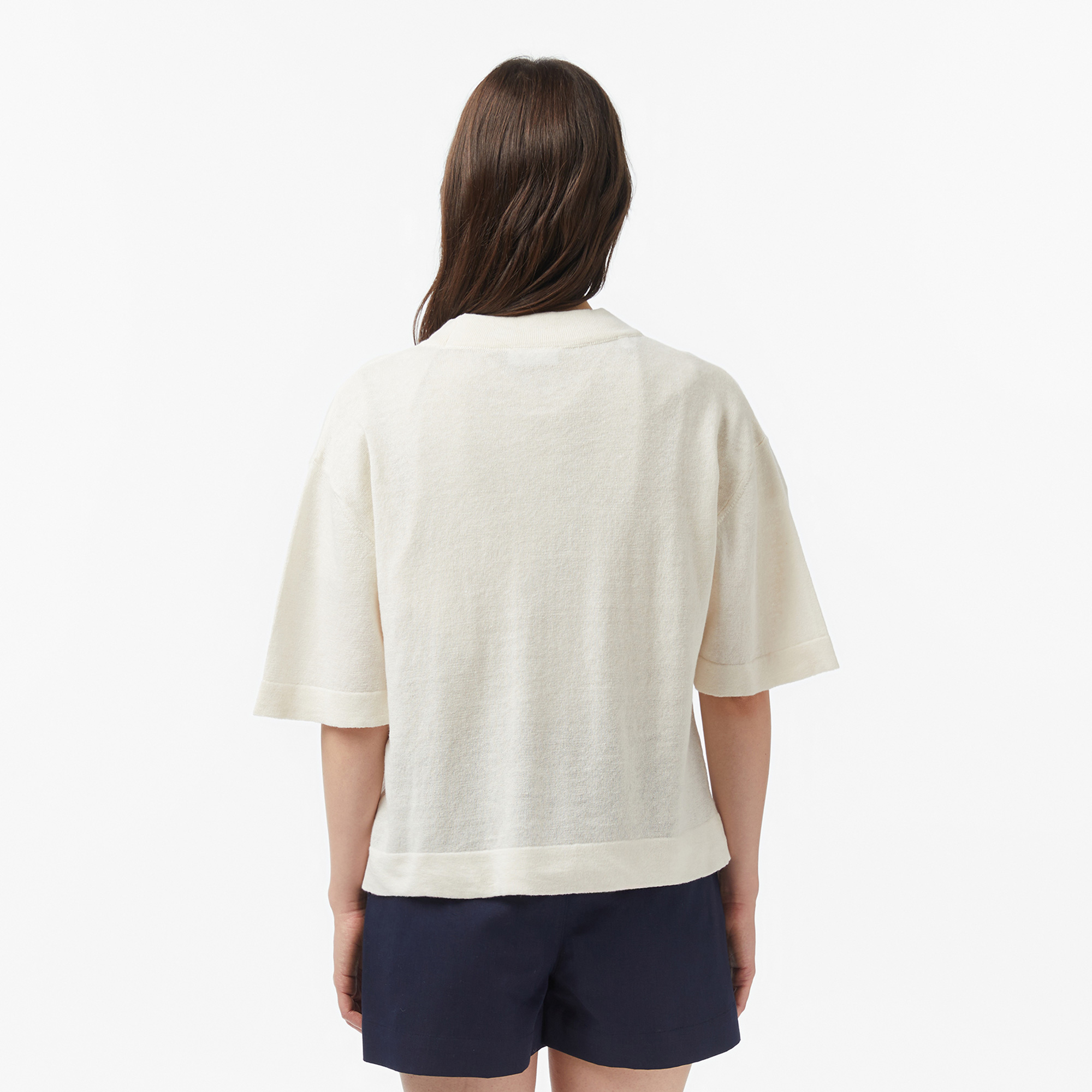 Lacoste Kadın Relaxed Fit Kısa Kollu V Yaka Keten Krem Hırka görsel 4